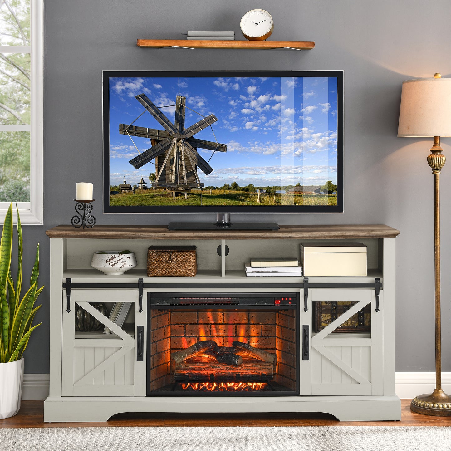 SYNGAR TV Stand with Fireplace for 60" TV, Modern TV Console Entertainment Center with Remote Control Fireplace, Wood+Stainless Steel TV Cabinet With Doors for Living Room, Oak