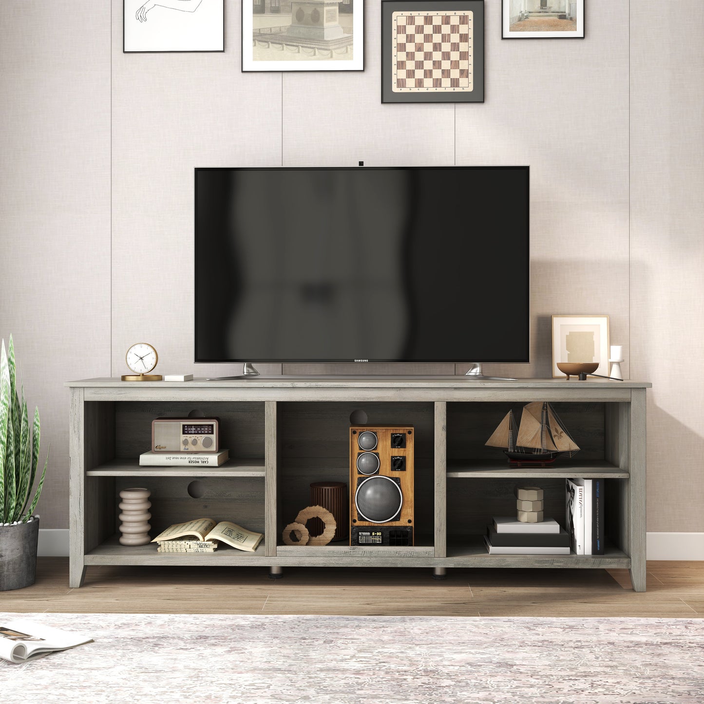 SYNGAR TV Stand for 70 inch TV, Modern Farmhouse TV Console Table Stand with 5 Storage Compartments, Living Room TV Table Stand Entertainment Center, 70"L x 15"W x 25"H, Black