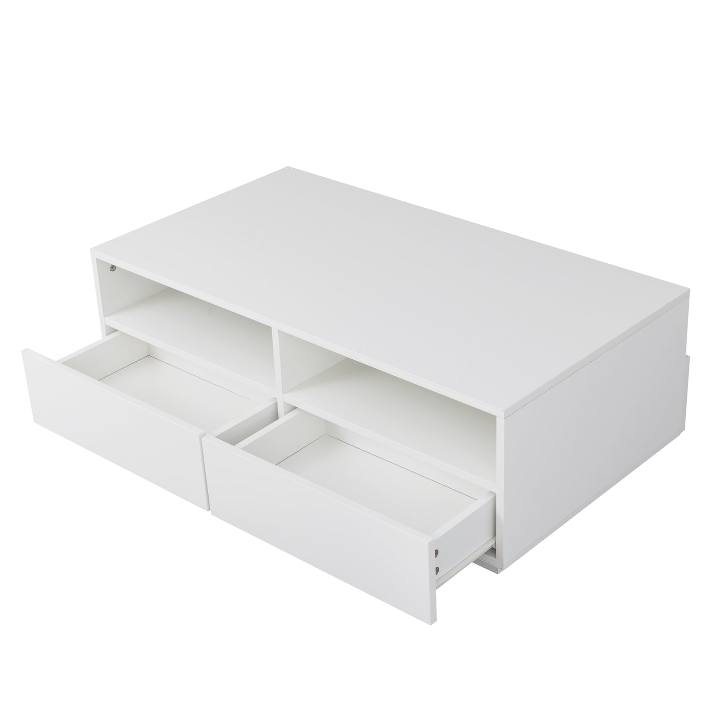 SYNGAR LED Coffee Table with 4 Storage Sliding Drawers and Open Shelves, Modern High Glossy Center Table Rectangular with Multiple Colors LED Lights for Living Room Bedroom, Easy Assembly, White