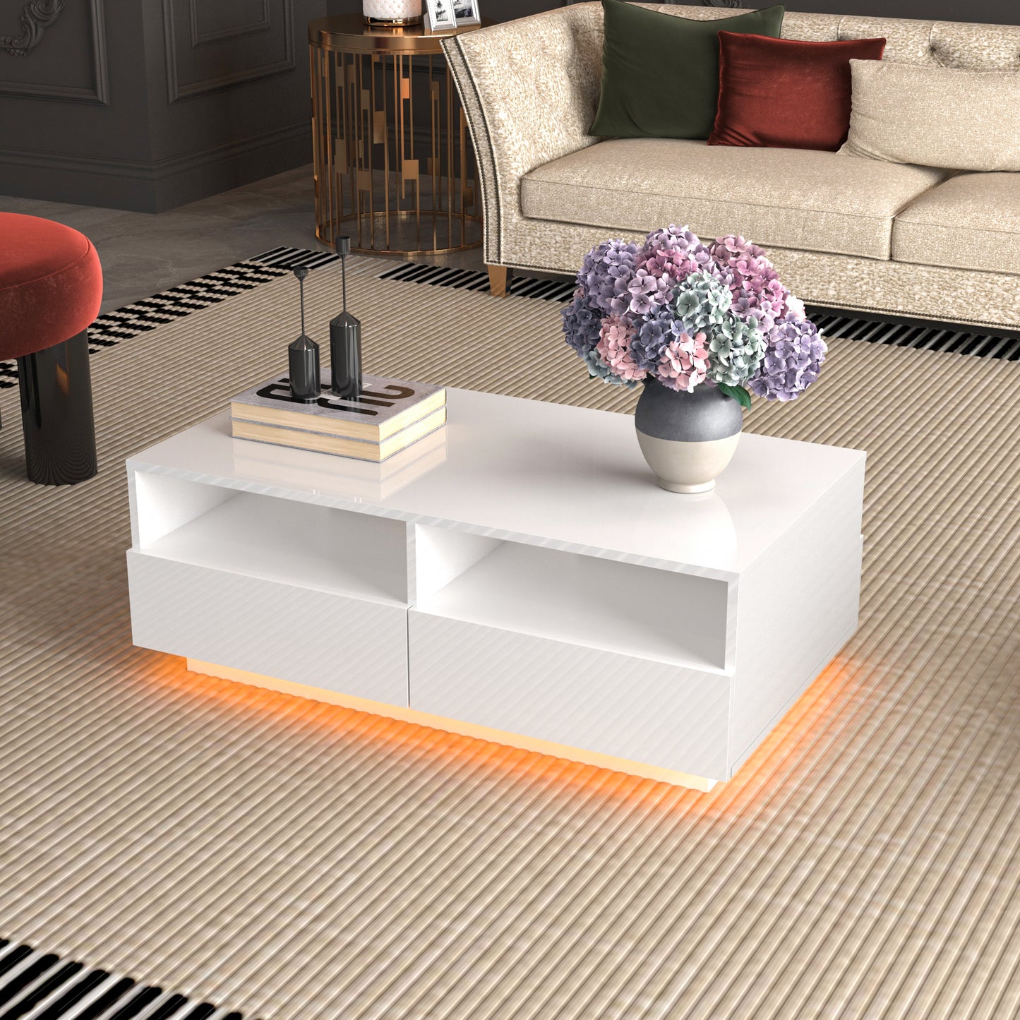 SYNGAR LED Coffee Table with 4 Storage Sliding Drawers and Open Shelves, Modern High Glossy Center Table Rectangular with Multiple Colors LED Lights for Living Room Bedroom, Easy Assembly, White