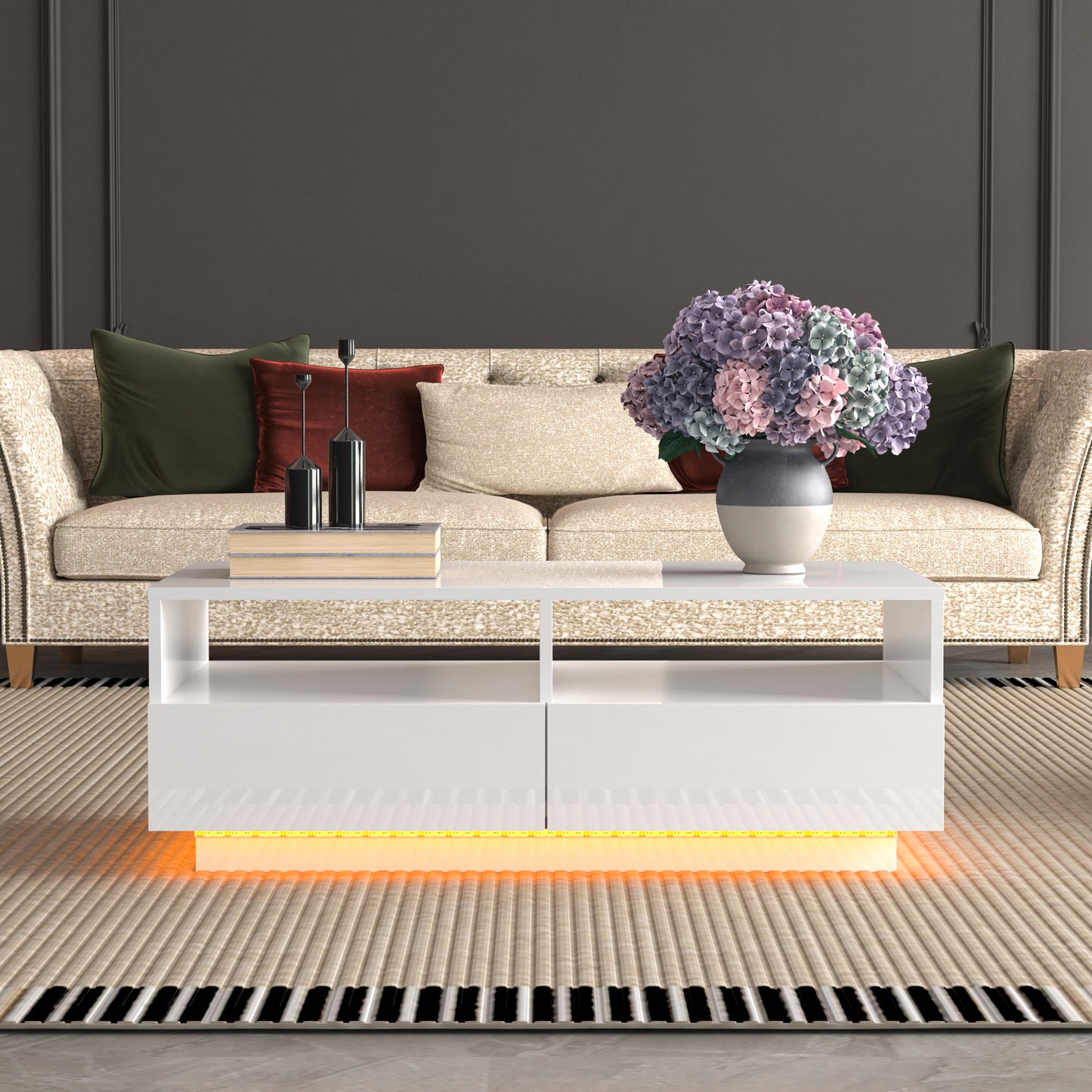 SYNGAR LED Coffee Table with 4 Storage Sliding Drawers and Open Shelves, Modern High Glossy Center Table Rectangular with Multiple Colors LED Lights for Living Room Bedroom, Easy Assembly, White