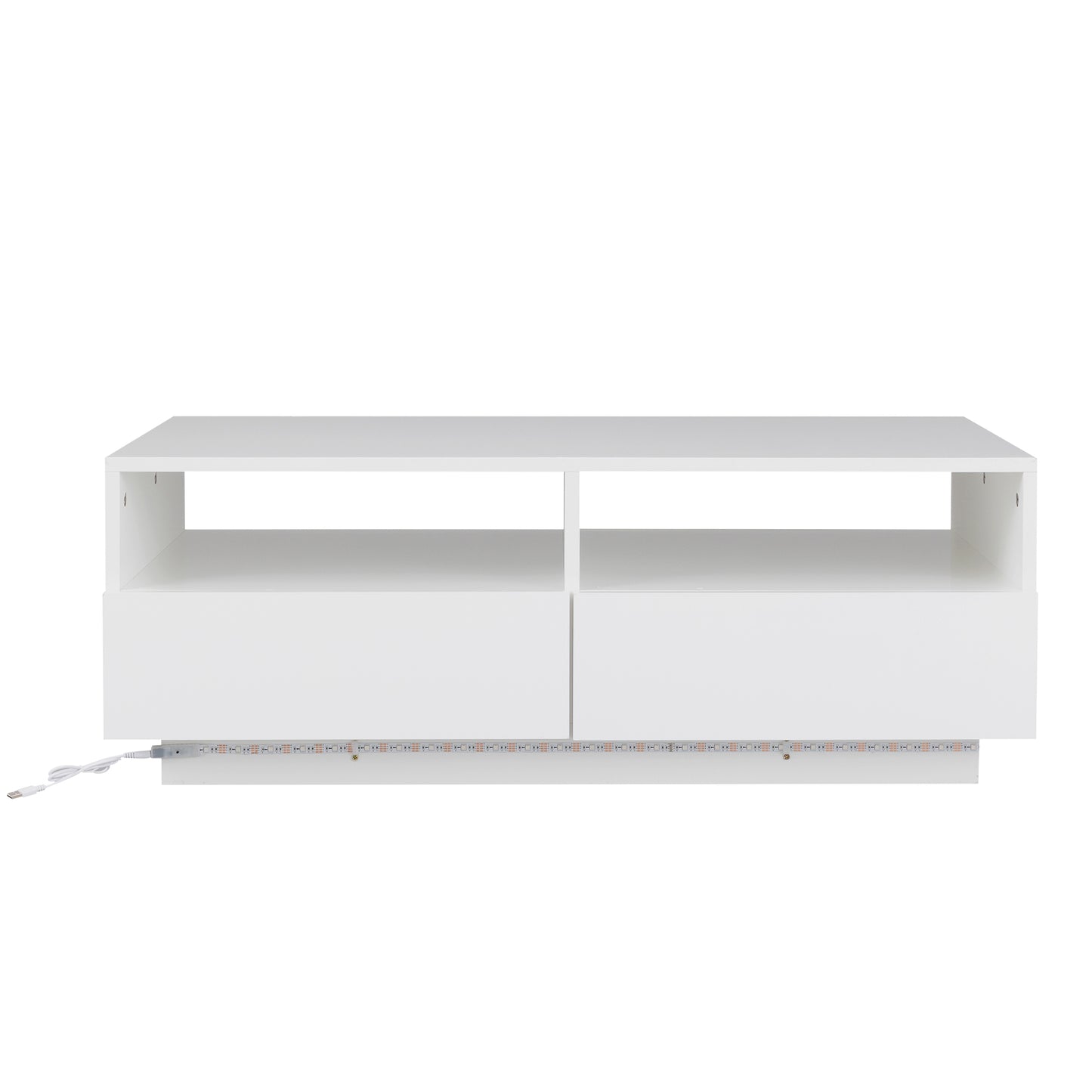 SYNGAR LED Coffee Table with 4 Storage Sliding Drawers and Open Shelves, Modern High Glossy Center Table Rectangular with Multiple Colors LED Lights for Living Room Bedroom, Easy Assembly, White