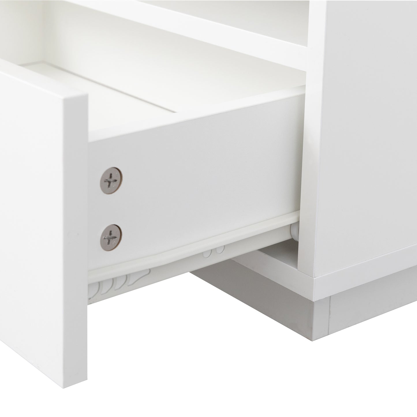 SYNGAR LED Coffee Table with 4 Storage Sliding Drawers and Open Shelves, Modern High Glossy Center Table Rectangular with Multiple Colors LED Lights for Living Room Bedroom, Easy Assembly, White