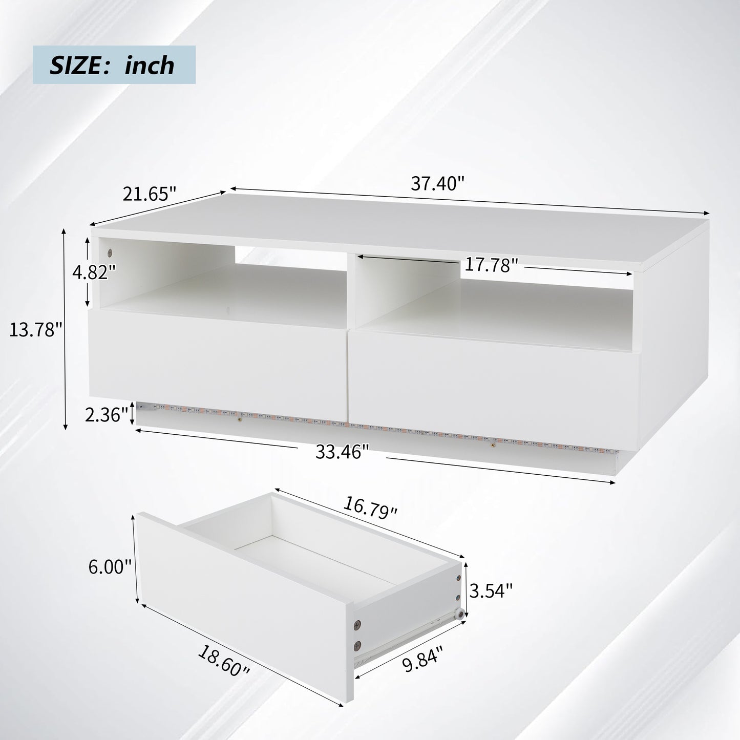 SYNGAR LED Coffee Table with 4 Storage Sliding Drawers and Open Shelves, Modern High Glossy Center Table Rectangular with Multiple Colors LED Lights for Living Room Bedroom, Easy Assembly, White