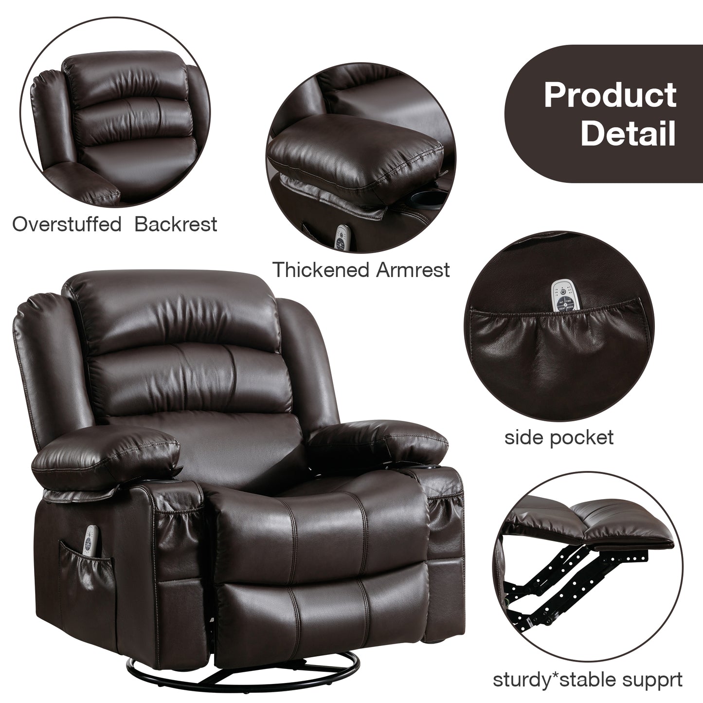 SYNGAR Swivel Rocker Recliner Chair for Living Room, Manual Reclining Chair with Heat and Massage Function, Cup Holders, USB, PU Leather Rocking Sofa Glider Chair for Bedroom Home Theater, Black