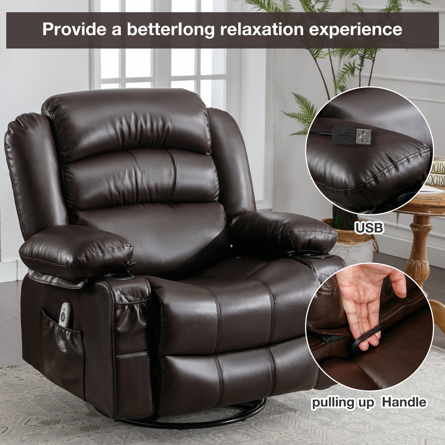 SYNGAR Swivel Rocker Recliner Chair for Living Room, Manual Reclining Chair with Heat and Massage Function, Cup Holders, USB, PU Leather Rocking Sofa Glider Chair for Bedroom Home Theater, Black