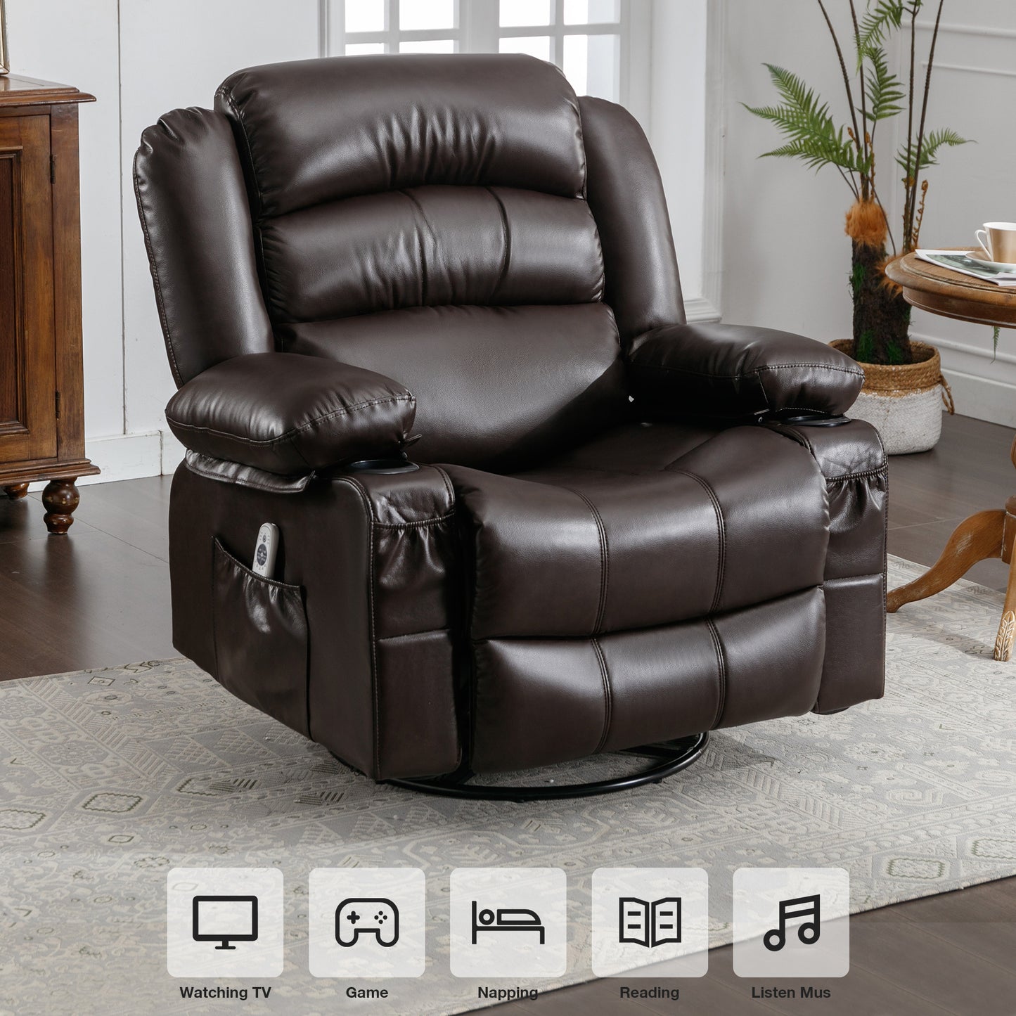 SYNGAR Swivel Rocker Recliner Chair for Living Room, Manual Reclining Chair with Heat and Massage Function, Cup Holders, USB, PU Leather Rocking Sofa Glider Chair for Bedroom Home Theater, Black