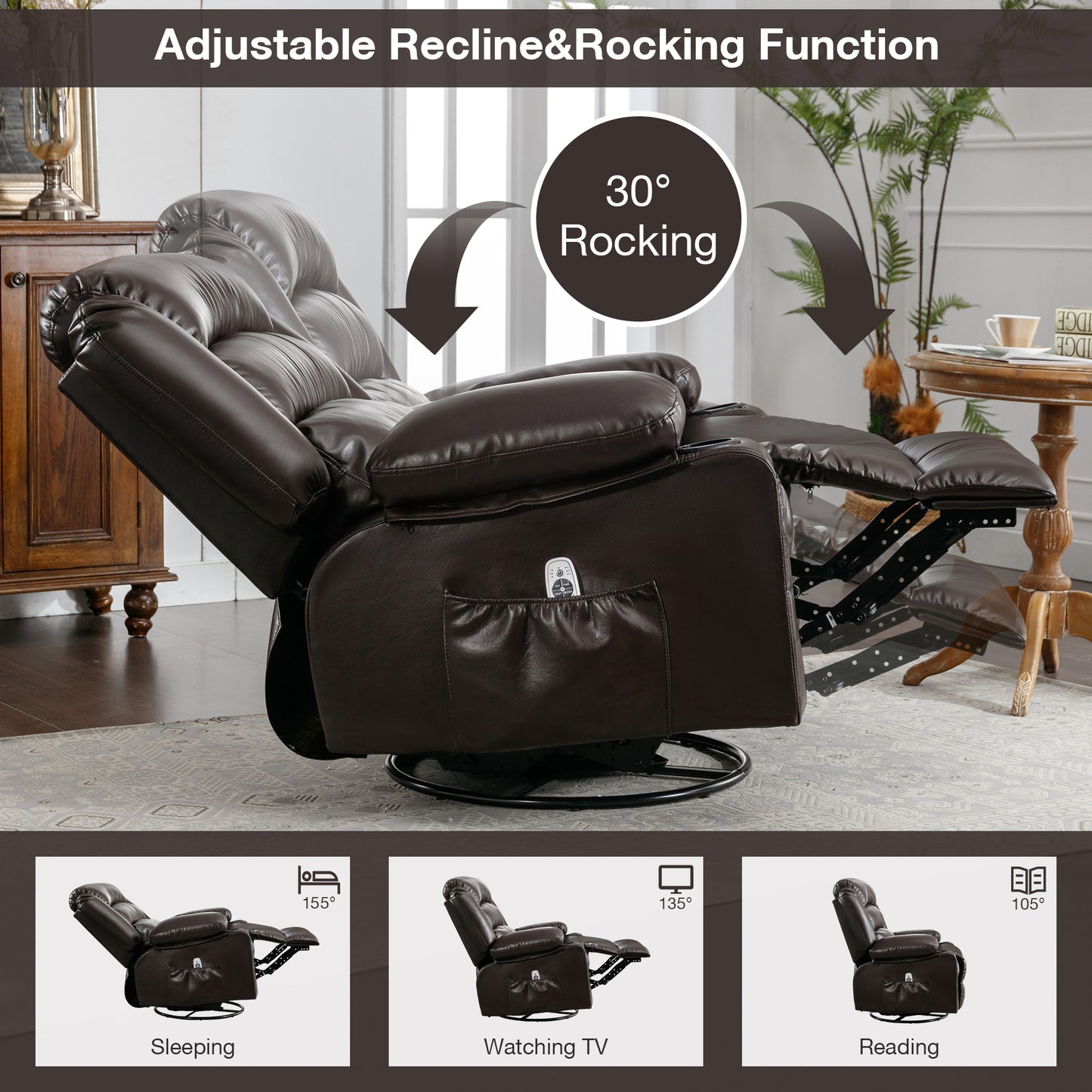 SYNGAR Swivel Rocker Recliner Chair for Living Room, Manual Reclining Chair with Heat and Massage Function, Cup Holders, USB, PU Leather Rocking Sofa Glider Chair for Bedroom Home Theater, Black