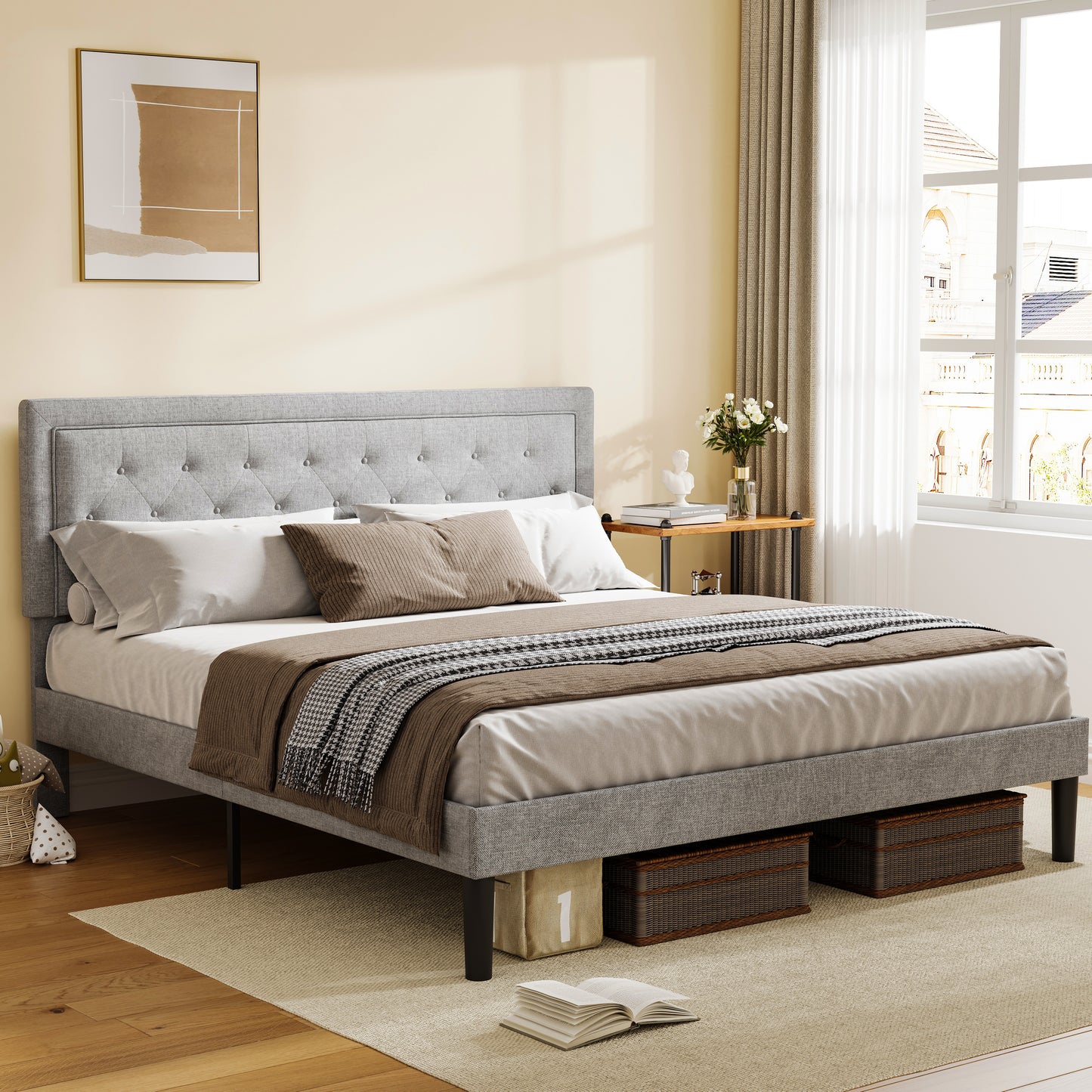 SYNGAR Queen Size Bed Frame, Fabric Upholstered Platform Bed Frame with Adjustable Button Tufted Headboard, Bedroom Furniture with Strong Wooden Slat Support, No Box Spring Needed, Light Gray