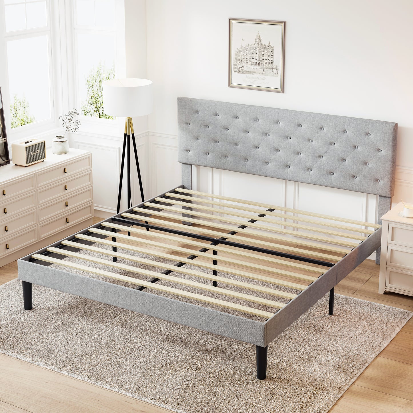 SYNGAR Queen Size Bed Frame, Fabric Upholstered Platform Bed Frame with Adjustable Button Tufted Headboard, Bedroom Furniture with Strong Wooden Slat Support, No Box Spring Needed, Light Gray