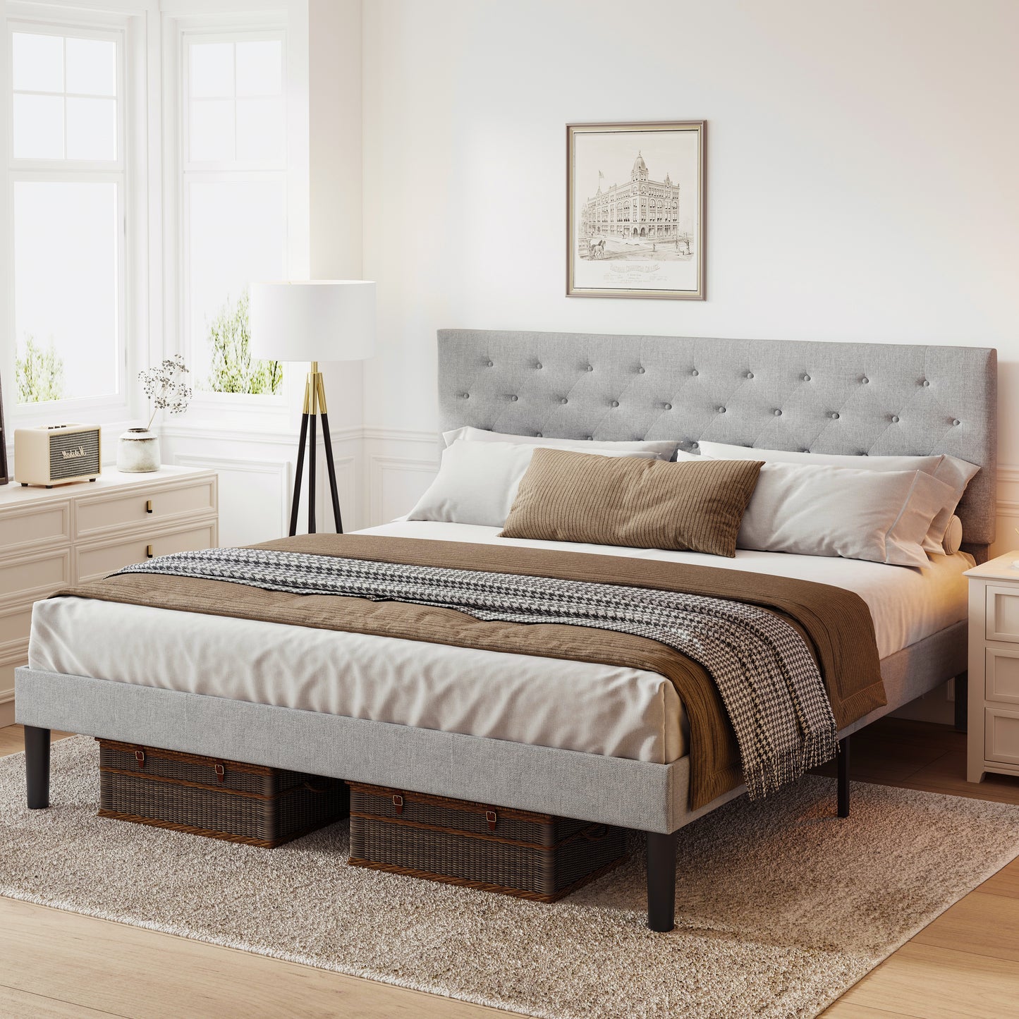 SYNGAR Queen Size Bed Frame, Fabric Upholstered Platform Bed Frame with Adjustable Button Tufted Headboard, Bedroom Furniture with Strong Wooden Slat Support, No Box Spring Needed, Light Gray