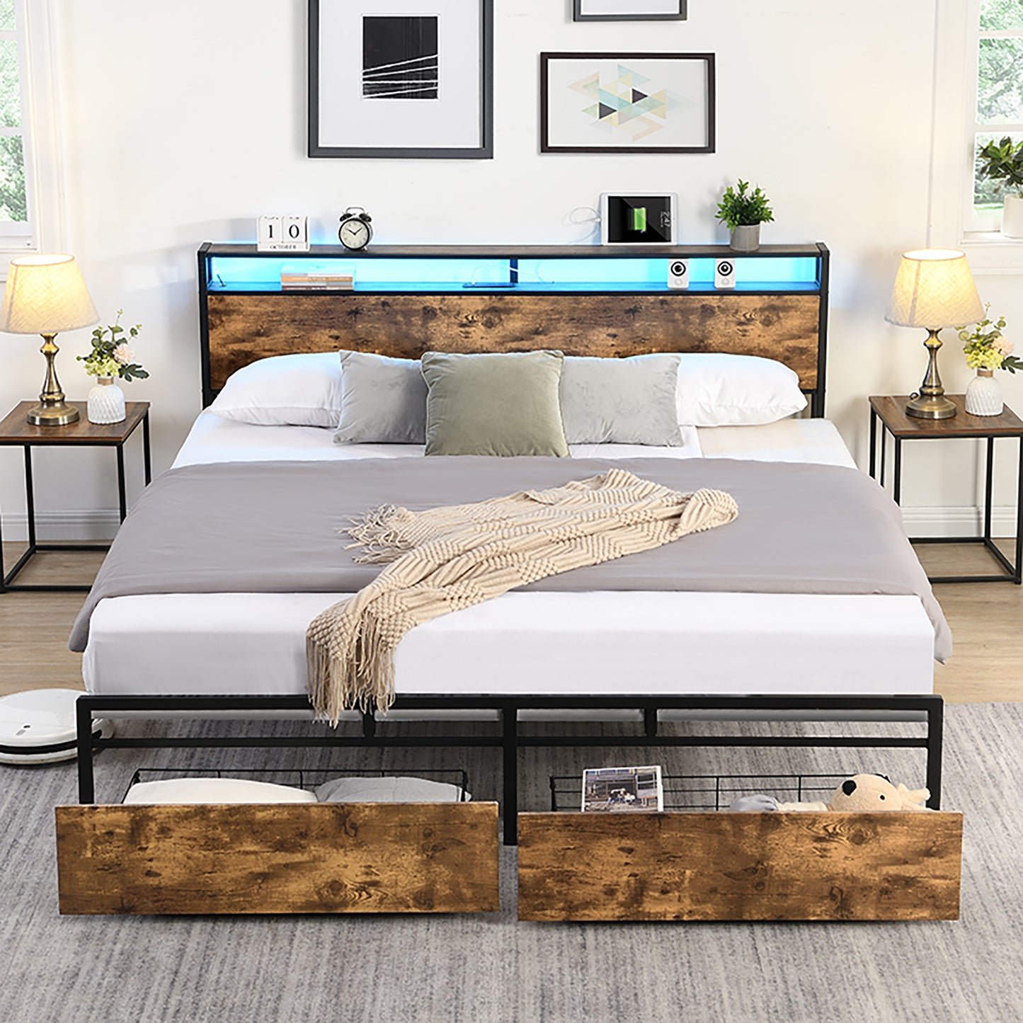 SYNGAR Brown Queen Size Bed Frame with Industrial Wooden Headboard, Heavy Duty Platform Metal Bed Frame with 2 Storage Drawers, No Box Spring Needed, Noise Free, Easy Assembly