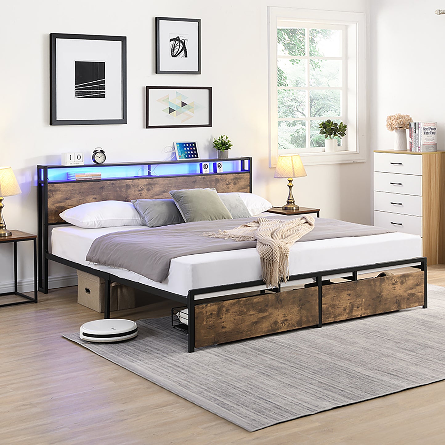 SYNGAR Brown Queen Size Bed Frame with Industrial Wooden Headboard, Heavy Duty Platform Metal Bed Frame with 2 Storage Drawers, No Box Spring Needed, Noise Free, Easy Assembly