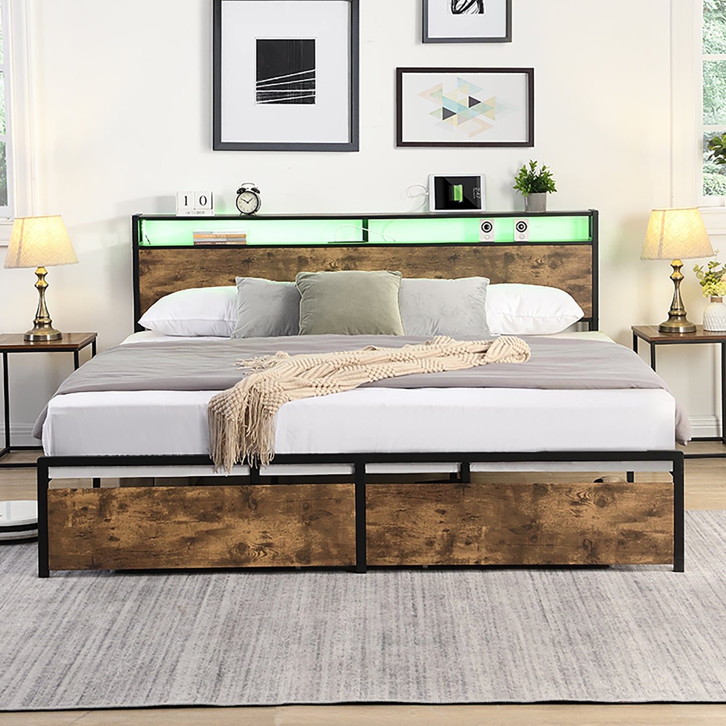 SYNGAR Brown Queen Size Bed Frame with Industrial Wooden Headboard, Heavy Duty Platform Metal Bed Frame with 2 Storage Drawers, No Box Spring Needed, Noise Free, Easy Assembly