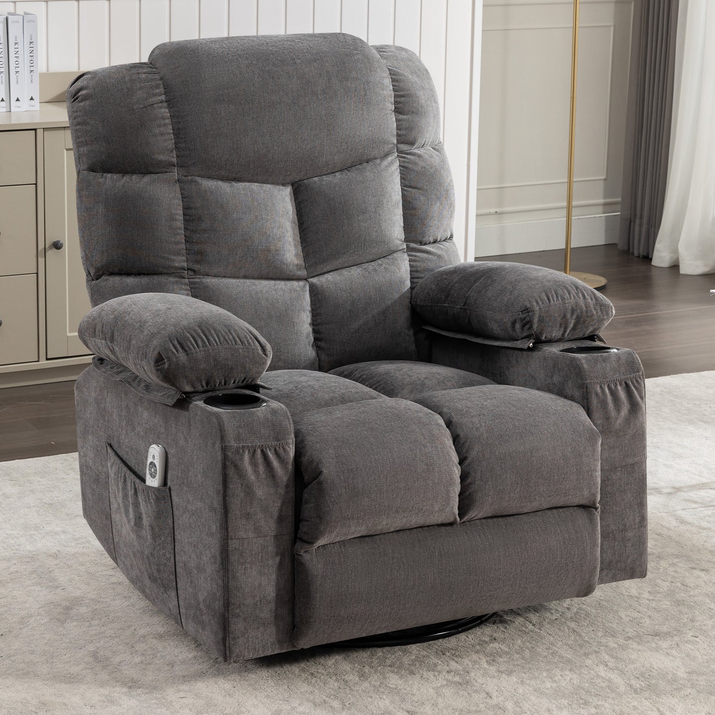 SYNGAR Power Lift Recliner Chair for Living Room, Electric Recliner Chair with Heat and Massage Function, USB Charge Port and Cup Holders, Oversized Velvet Reclining Sofa for Home Theater, Gray