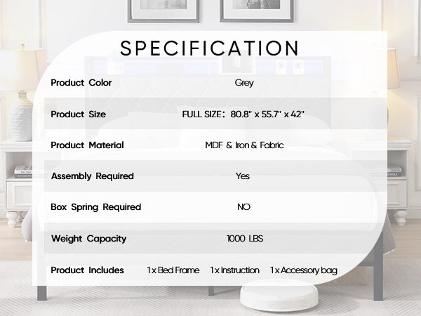 SYNGAR Full Bed Frame with Upholstered Storage Headboard, Full Size Platform Bed Frame with LED Light and Charing Station, Bedroom Furniture Metal Bed Frame, No Box Spring Needed, Gray