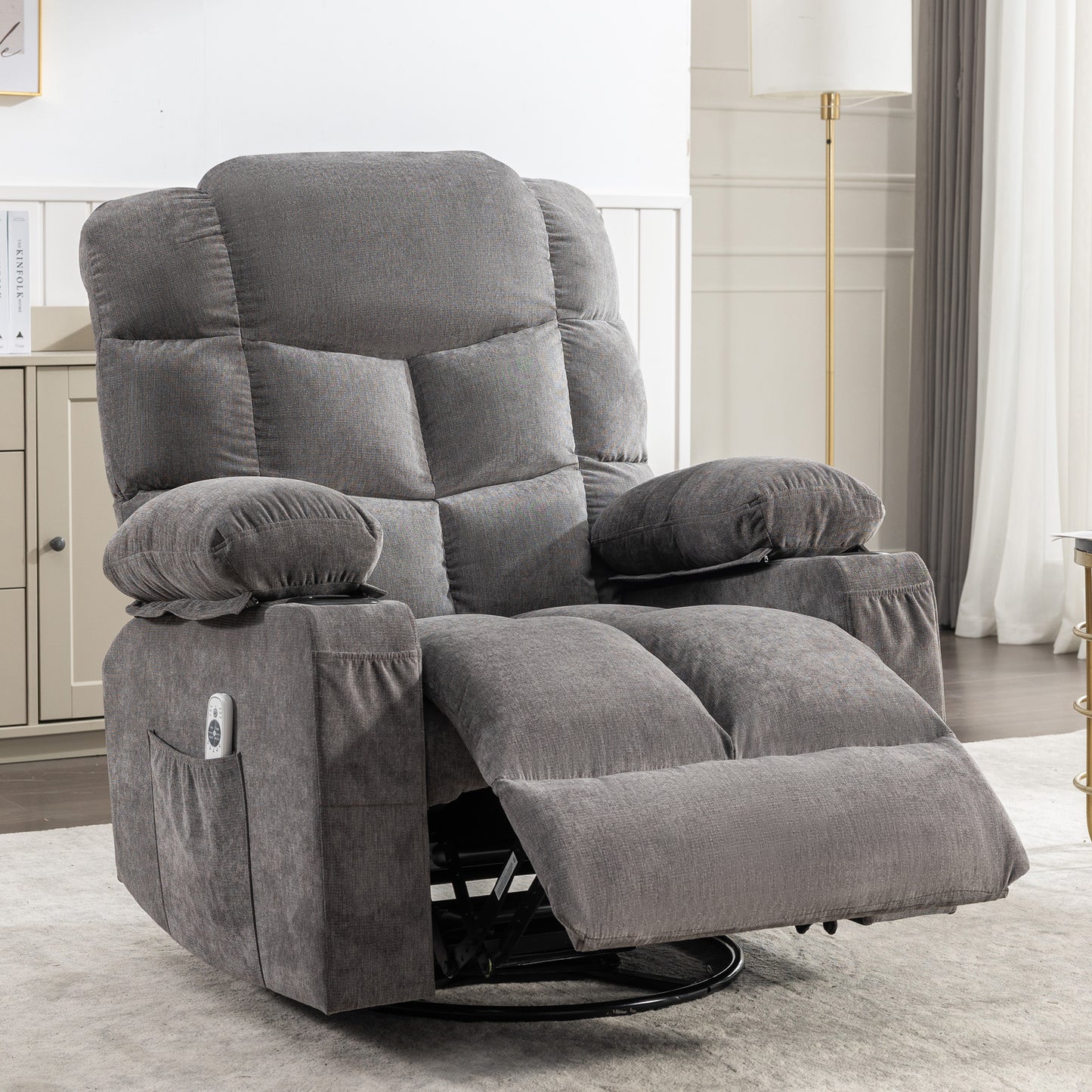 SYNGAR Power Lift Recliner Chair for Living Room, Electric Recliner Chair with Heat and Massage Function, USB Charge Port and Cup Holders, Oversized Velvet Reclining Sofa for Home Theater, Gray