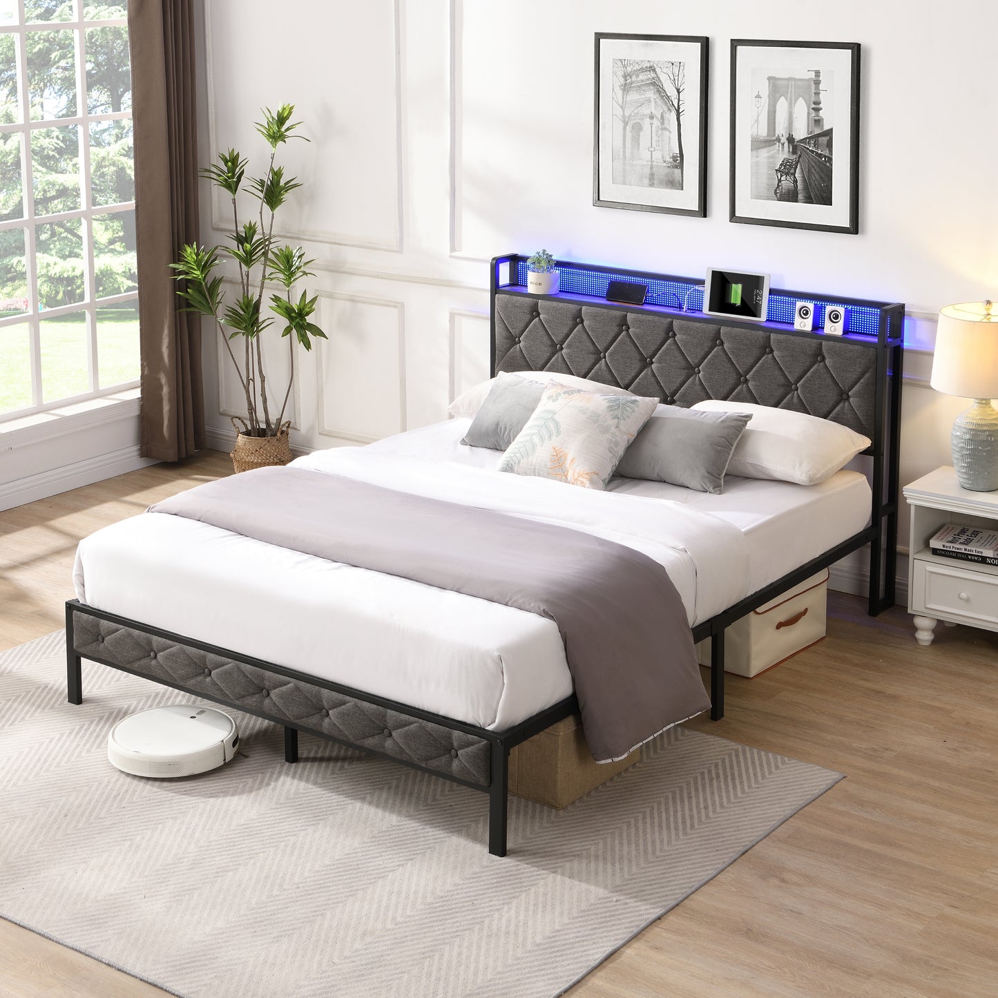 SYNGAR Full Bed Frame with Upholstered Storage Headboard, Full Size Platform Bed Frame with LED Light and Charing Station, Bedroom Furniture Metal Bed Frame, No Box Spring Needed, Gray