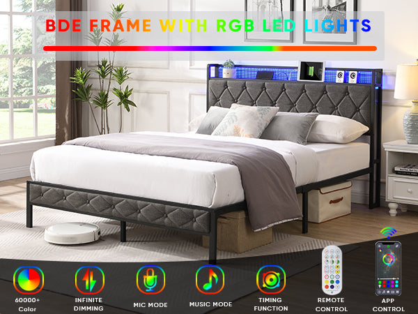 SYNGAR Full Bed Frame with Upholstered Storage Headboard, Full Size Platform Bed Frame with LED Light and Charing Station, Bedroom Furniture Metal Bed Frame, No Box Spring Needed, Gray