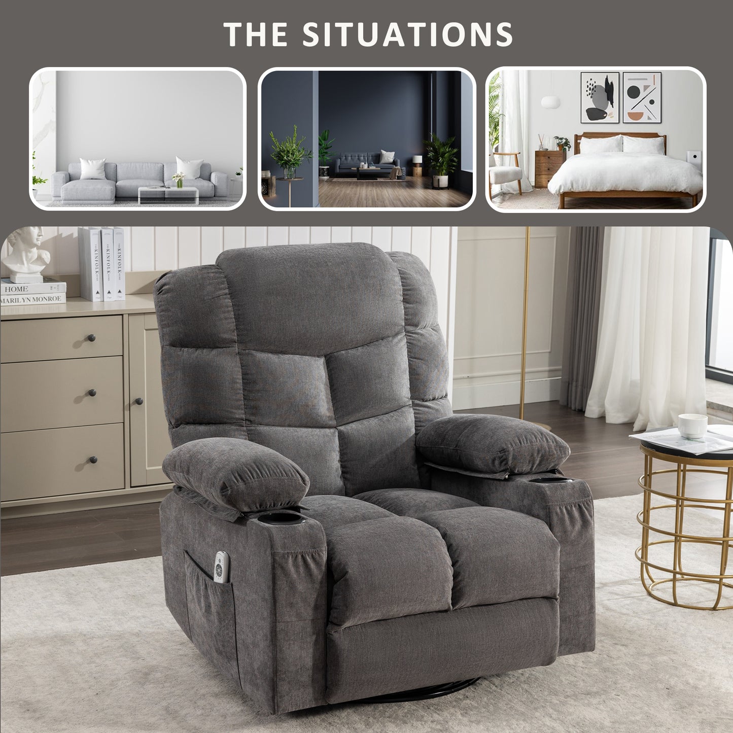 SYNGAR Power Lift Recliner Chair for Living Room, Electric Recliner Chair with Heat and Massage Function, USB Charge Port and Cup Holders, Oversized Velvet Reclining Sofa for Home Theater, Gray