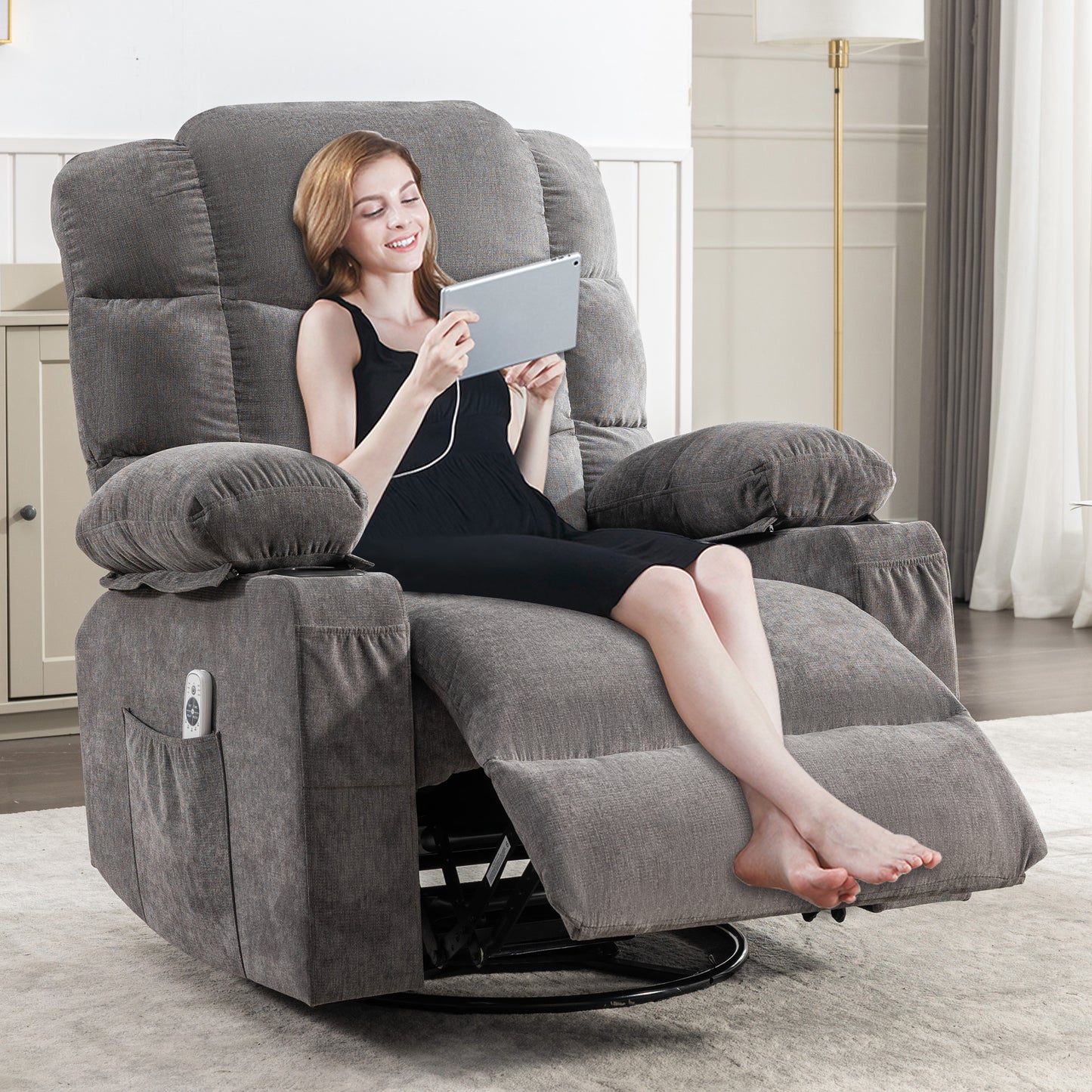SYNGAR Power Lift Recliner Chair for Living Room, Electric Recliner Chair with Heat and Massage Function, USB Charge Port and Cup Holders, Oversized Velvet Reclining Sofa for Home Theater, Gray