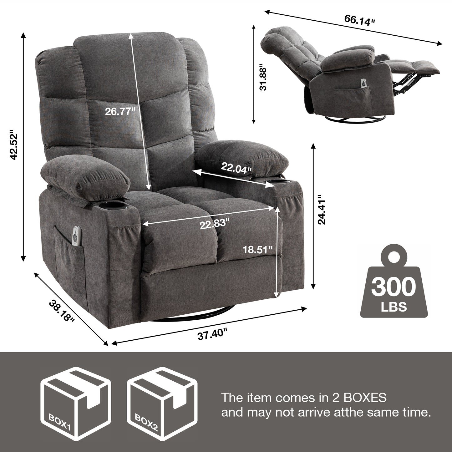SYNGAR Power Lift Recliner Chair for Living Room, Electric Recliner Chair with Heat and Massage Function, USB Charge Port and Cup Holders, Oversized Velvet Reclining Sofa for Home Theater, Gray