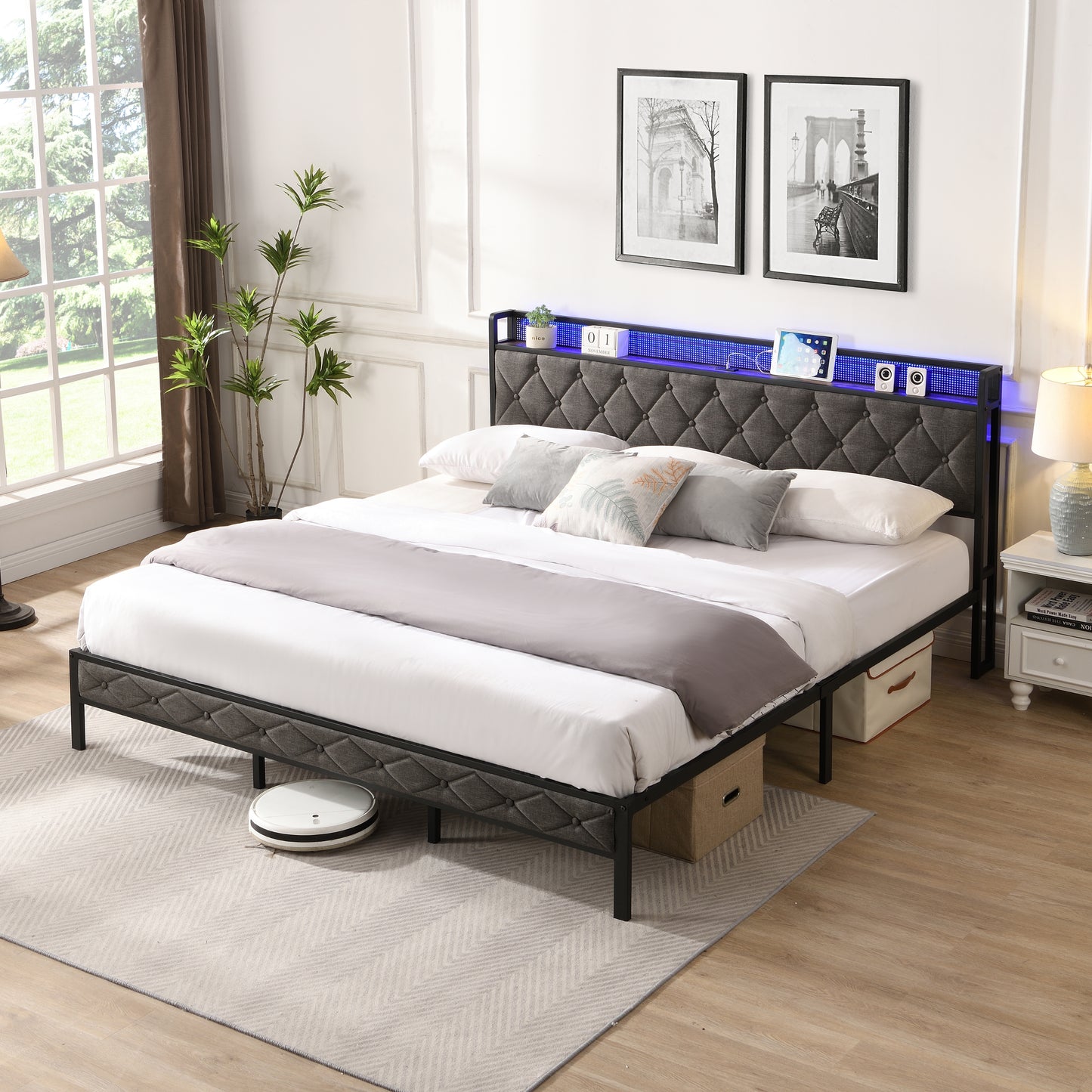 SYNGAR King Bed Frame with LED Light and Charging Station, Modern Platform Bed Frame No Box Spring Needed with Linen Upholstered Headboard, Easy Assembly, Dark Grey