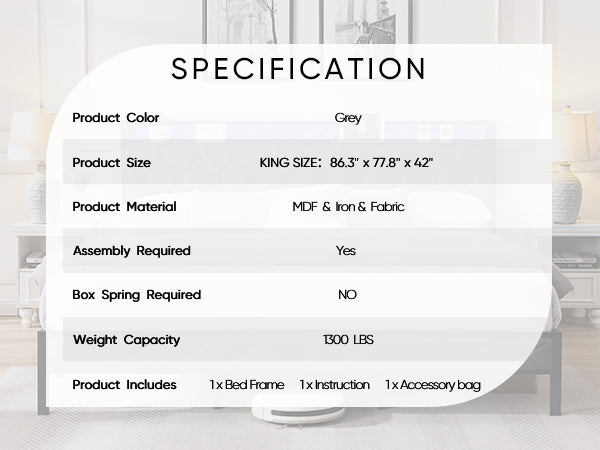 SYNGAR King Bed Frame with LED Light and Charging Station, Modern Platform Bed Frame No Box Spring Needed with Linen Upholstered Headboard, Easy Assembly, Dark Grey