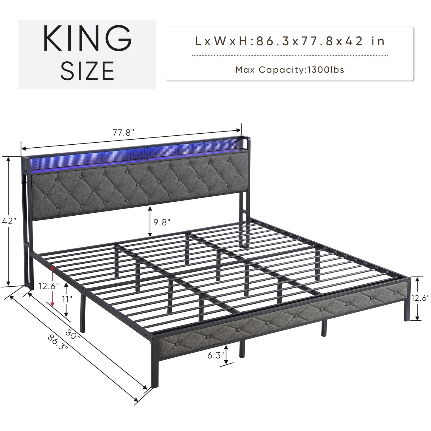 SYNGAR King Bed Frame with LED Light and Charging Station, Modern Platform Bed Frame No Box Spring Needed with Linen Upholstered Headboard, Easy Assembly, Dark Grey