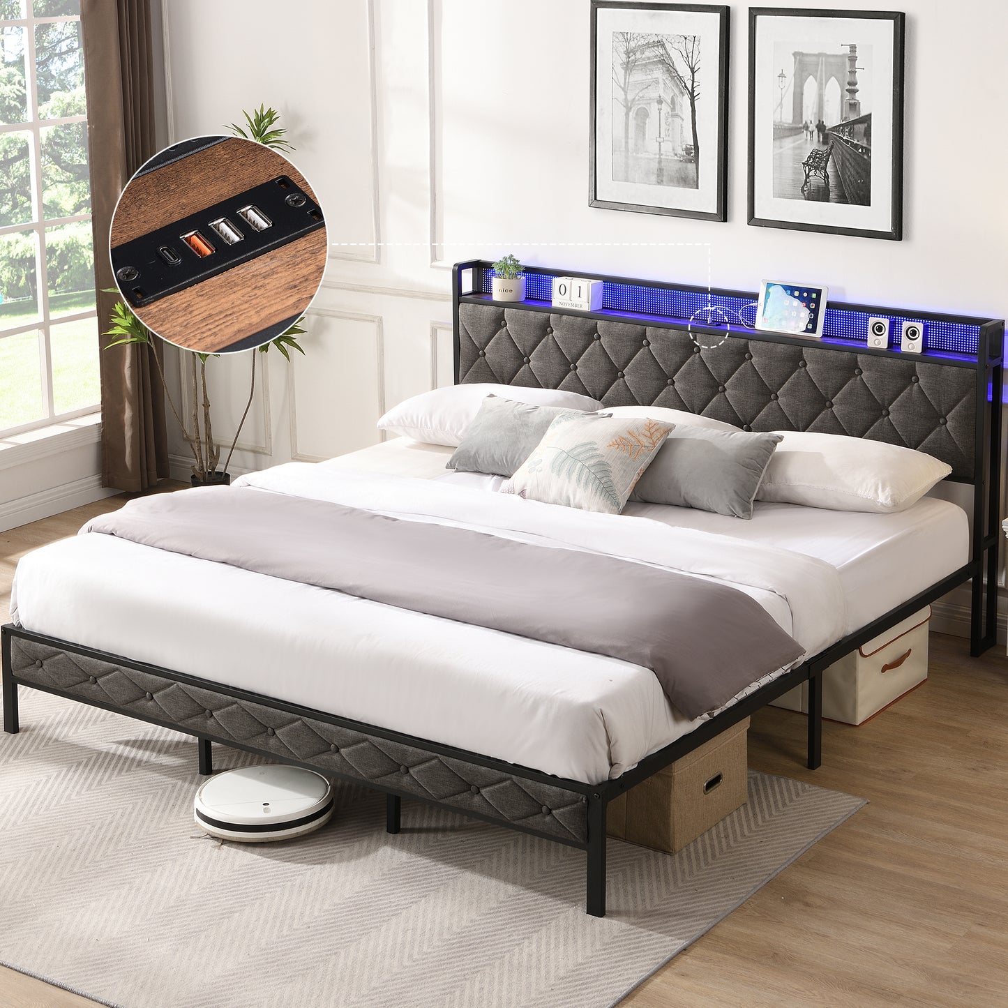 SYNGAR King Bed Frame with LED Light and Charging Station, Modern Platform Bed Frame No Box Spring Needed with Linen Upholstered Headboard, Easy Assembly, Dark Grey