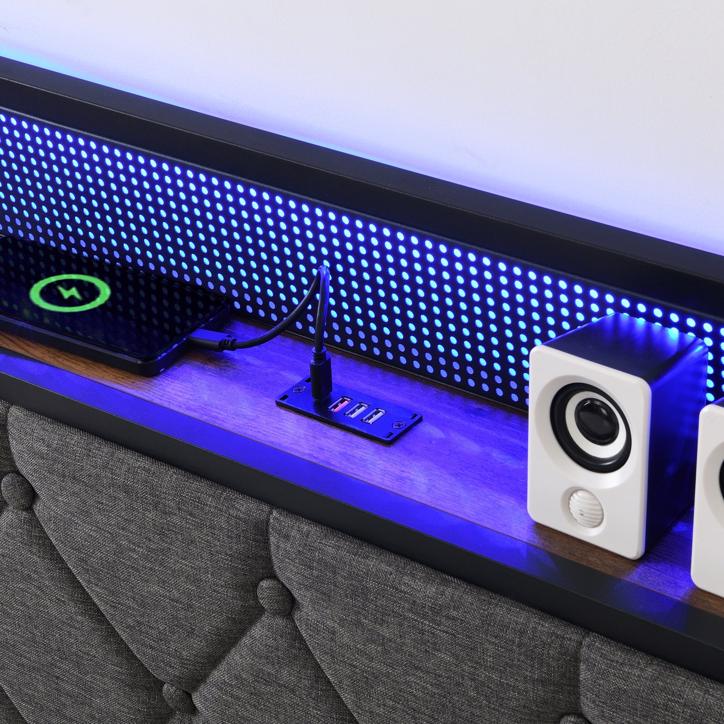 SYNGAR King Bed Frame with LED Light and Charging Station, Modern Platform Bed Frame No Box Spring Needed with Linen Upholstered Headboard, Easy Assembly, Dark Grey