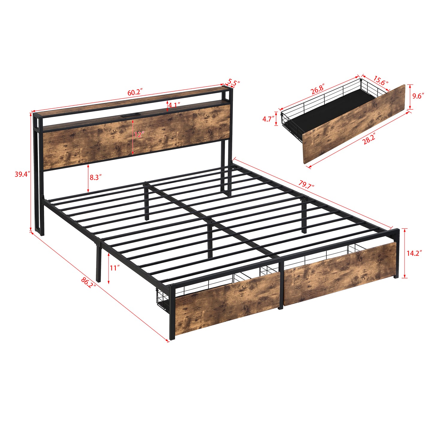 SYNGAR Brown Queen Size Bed Frame with Industrial Wooden Headboard, Heavy Duty Platform Metal Bed Frame with 2 Storage Drawers, No Box Spring Needed, Noise Free, Easy Assembly