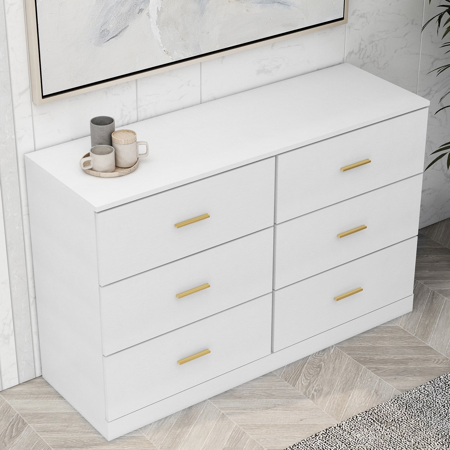 SYNGAR White 6 Drawer Dresser, Modern 47" Wood Chest of Drawers with Metal Handles for Bedroom, Double Dresser Storage Cabinet Dresser Organizer Unit for Living Room, Closet, Hallway, Nursery