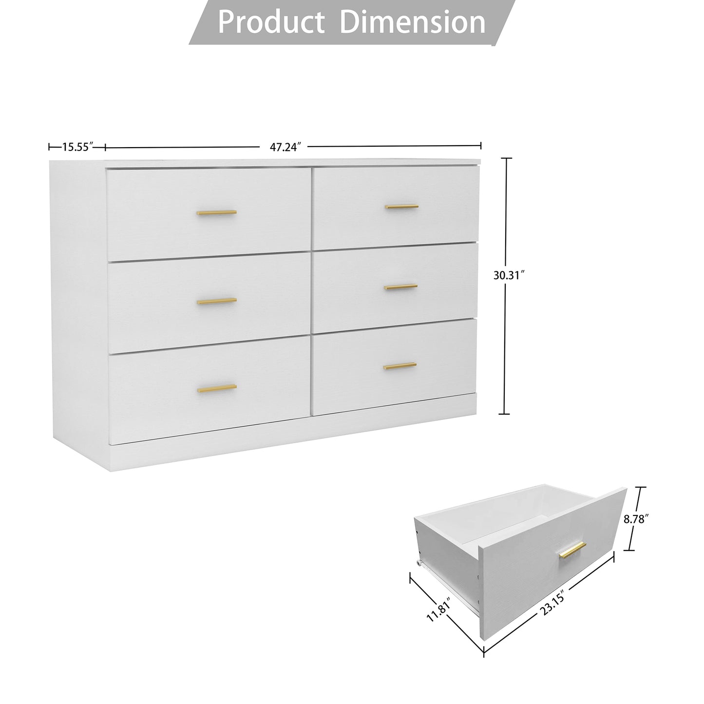 SYNGAR White 6 Drawer Dresser, Modern 47" Wood Chest of Drawers with Metal Handles for Bedroom, Double Dresser Storage Cabinet Dresser Organizer Unit for Living Room, Closet, Hallway, Nursery