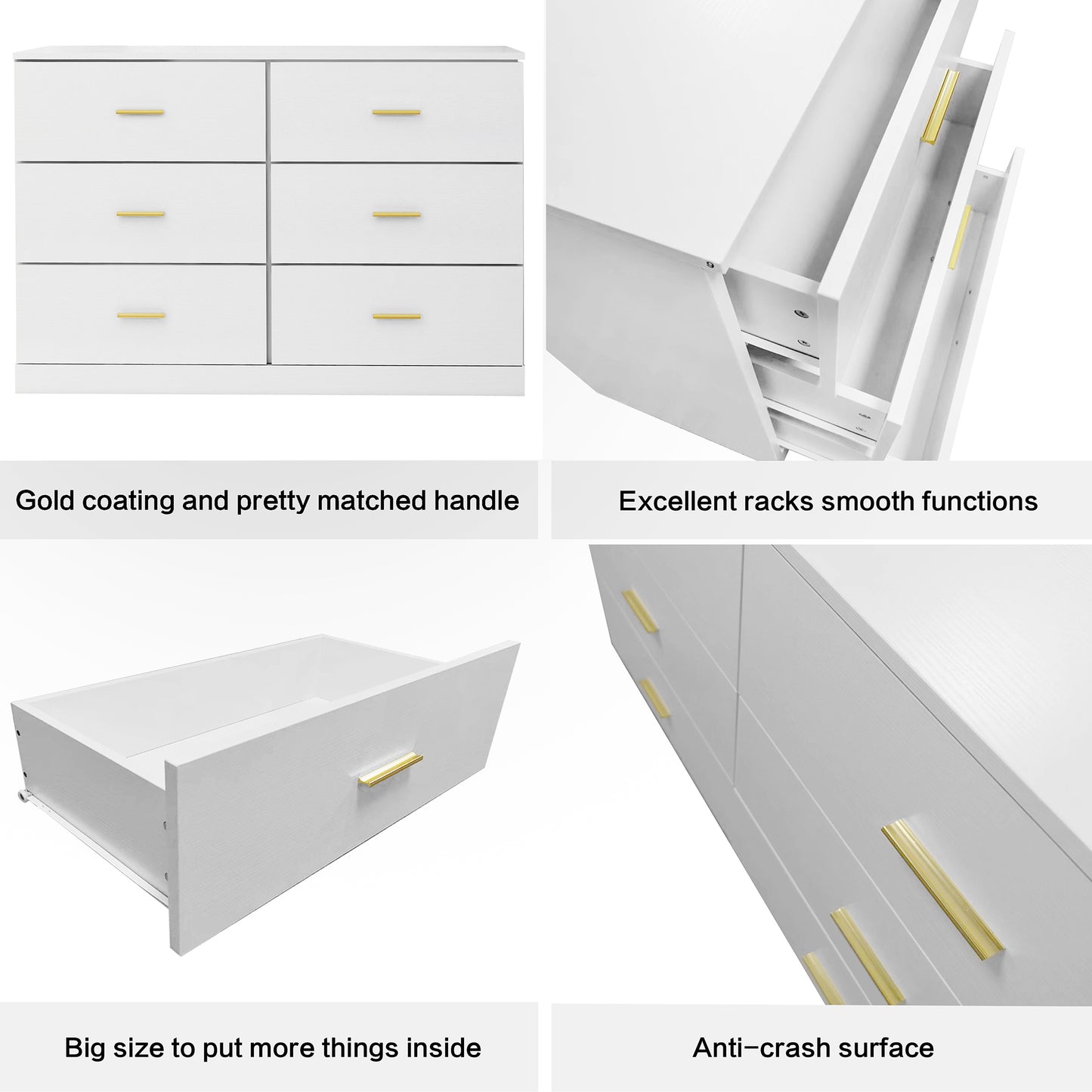 SYNGAR White 6 Drawer Dresser, Modern 47" Wood Chest of Drawers with Metal Handles for Bedroom, Double Dresser Storage Cabinet Dresser Organizer Unit for Living Room, Closet, Hallway, Nursery