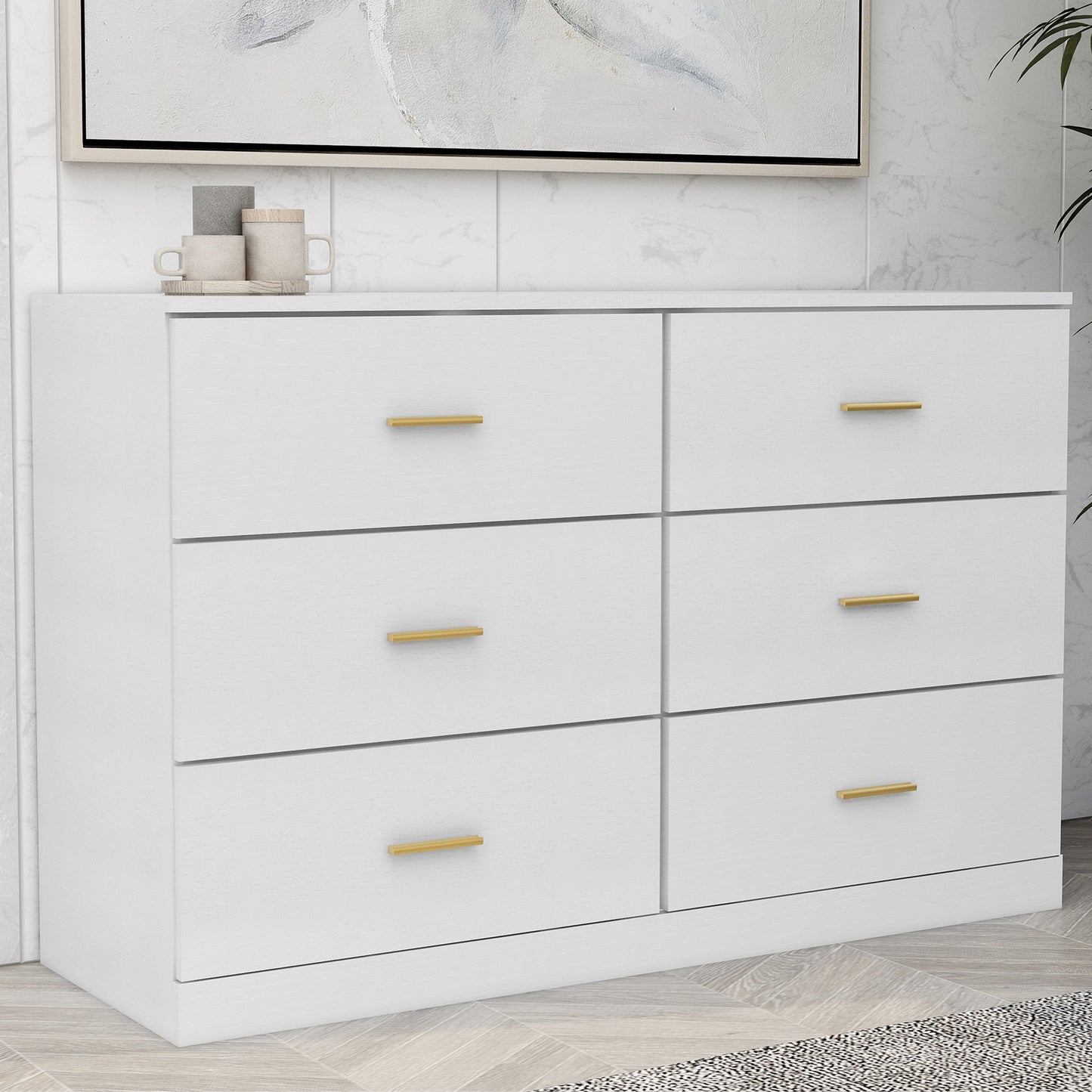SYNGAR White 6 Drawer Dresser, Modern 47" Wood Chest of Drawers with Metal Handles for Bedroom, Double Dresser Storage Cabinet Dresser Organizer Unit for Living Room, Closet, Hallway, Nursery
