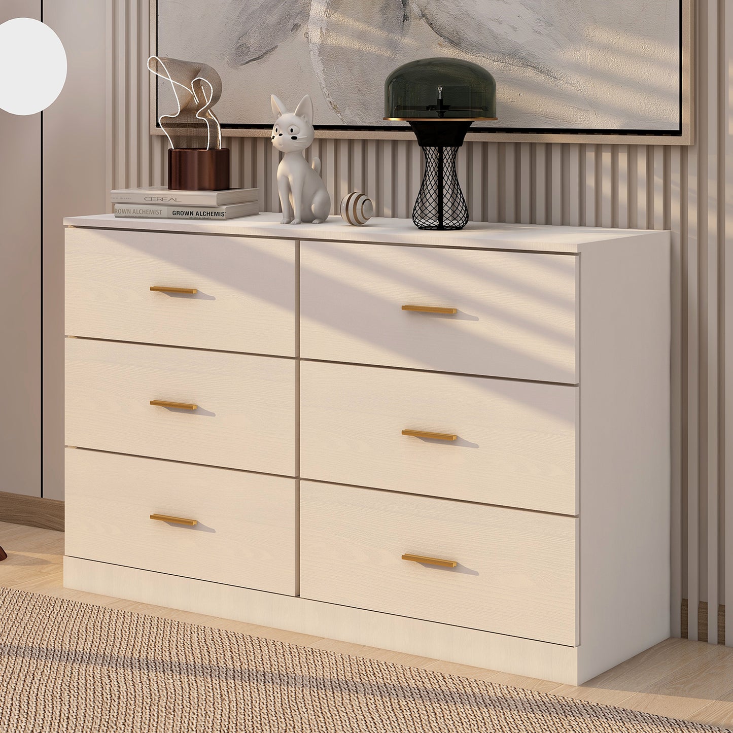 SYNGAR White 6 Drawer Dresser, Modern 47" Wood Chest of Drawers with Metal Handles for Bedroom, Double Dresser Storage Cabinet Dresser Organizer Unit for Living Room, Closet, Hallway, Nursery