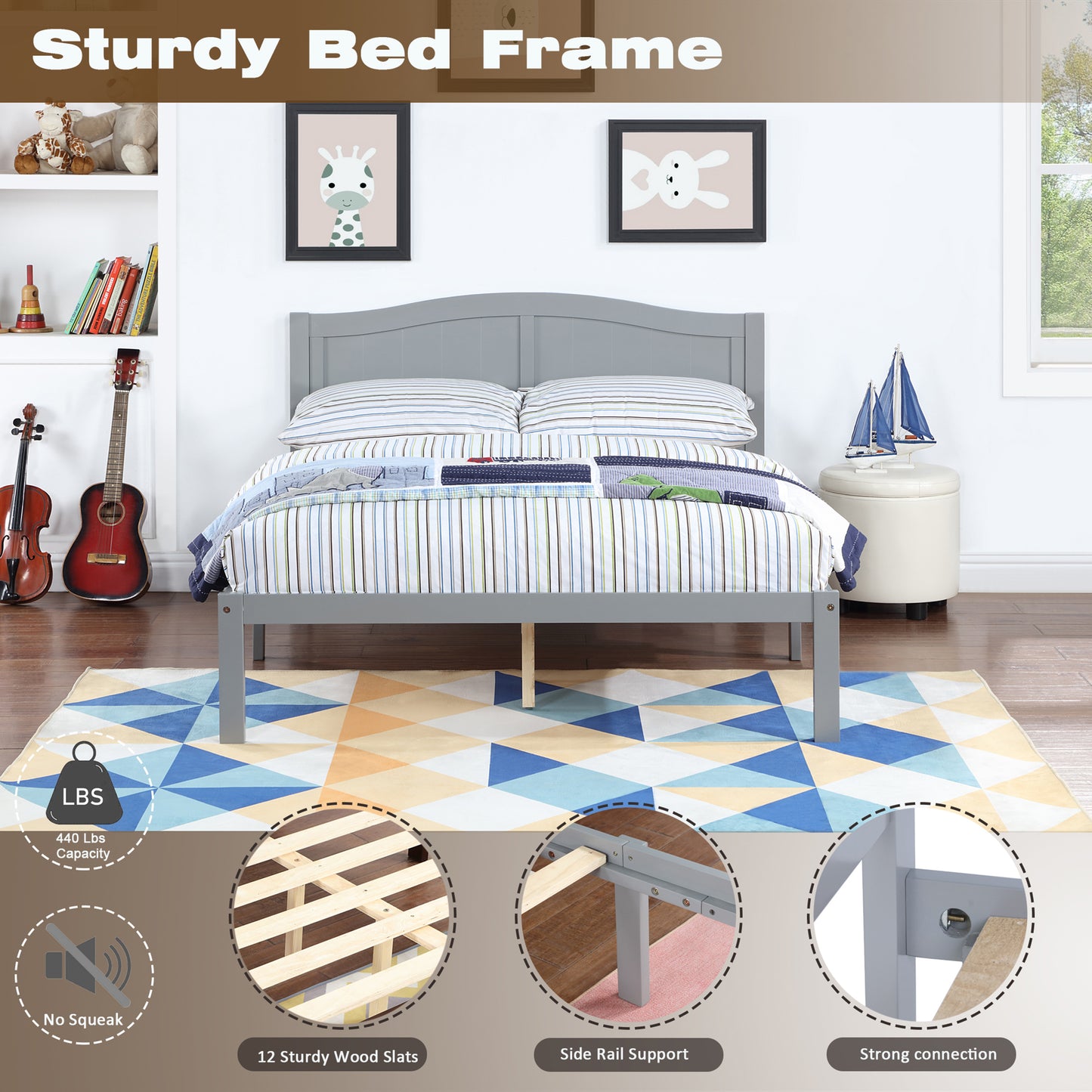 SYNGAR Twin Size Bed Frame with Headboard, Wood Platform Bed Frame with 12 Slat Support, No Noise Twin Size Bed Frame with 10.9 inch Under Bed Storage Space, No Box Spring Needed, Gray