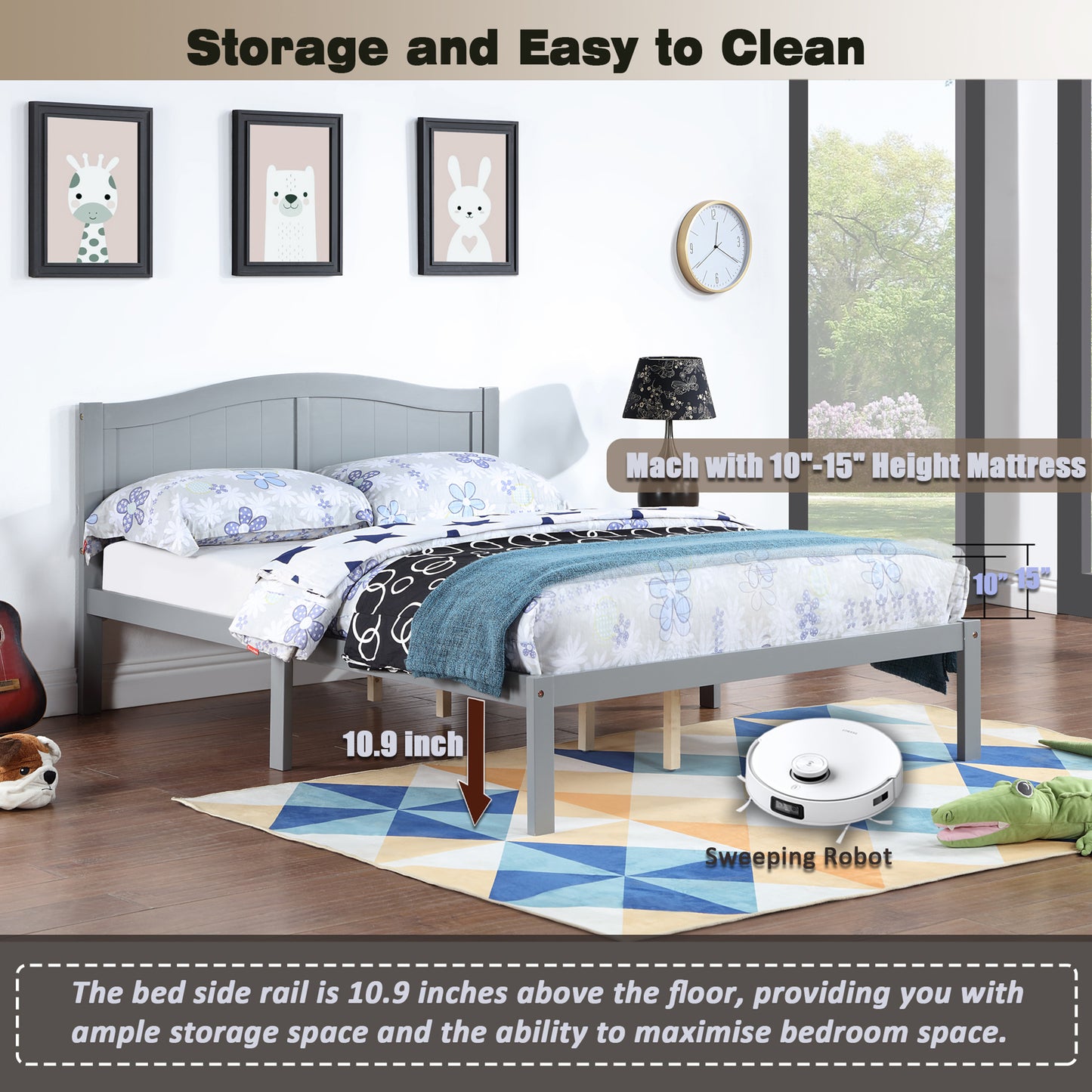 SYNGAR Twin Size Bed Frame with Headboard, Wood Platform Bed Frame with 12 Slat Support, No Noise Twin Size Bed Frame with 10.9 inch Under Bed Storage Space, No Box Spring Needed, Gray