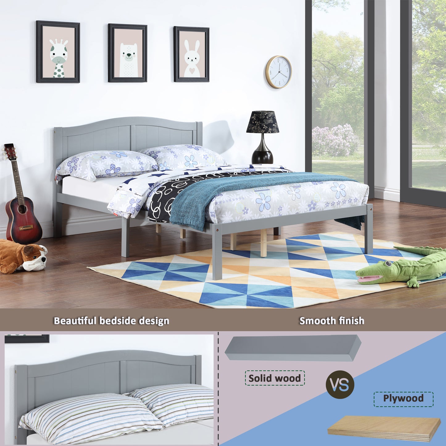 SYNGAR Twin Size Bed Frame with Headboard, Wood Platform Bed Frame with 12 Slat Support, No Noise Twin Size Bed Frame with 10.9 inch Under Bed Storage Space, No Box Spring Needed, Gray