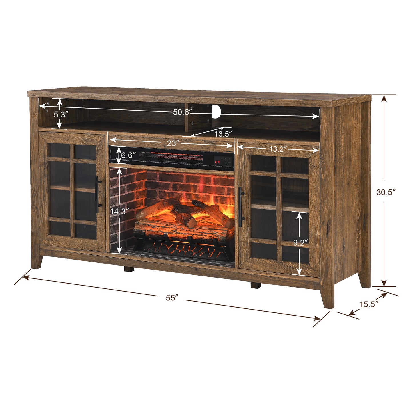 SYNGAR TV Stand with Fireplace for 55" TV, Modern Wooden Electric Fireplace TV Stand with Cabinet, Entertainment Center with 2 Cabinet Storage, TV Consoles for Living Room, Logs Color