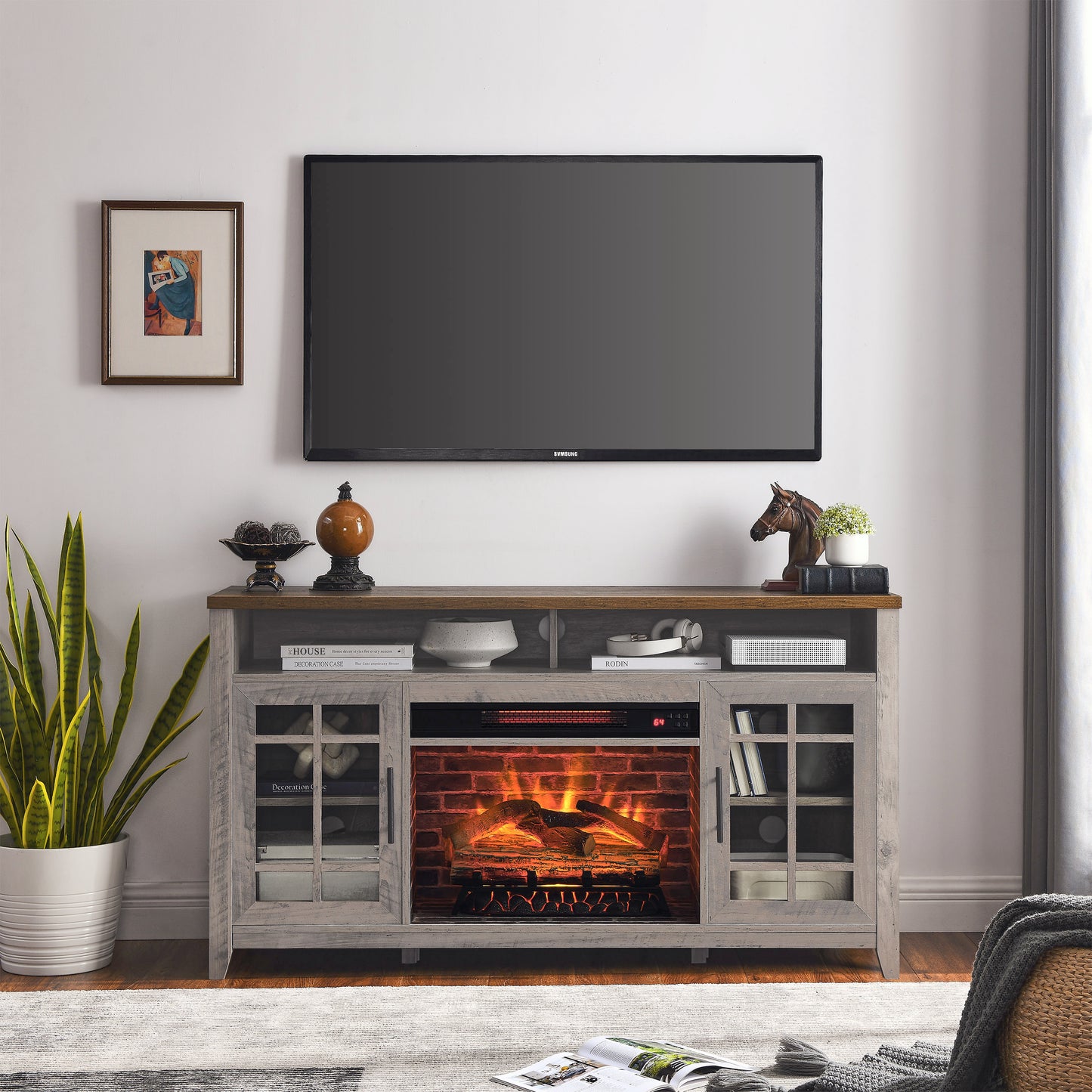 SYNGAR TV Stand with Fireplace for 55" TV, Modern Wooden Electric Fireplace TV Stand with Cabinet, Entertainment Center with 2 Cabinet Storage, TV Consoles for Living Room, Logs Color