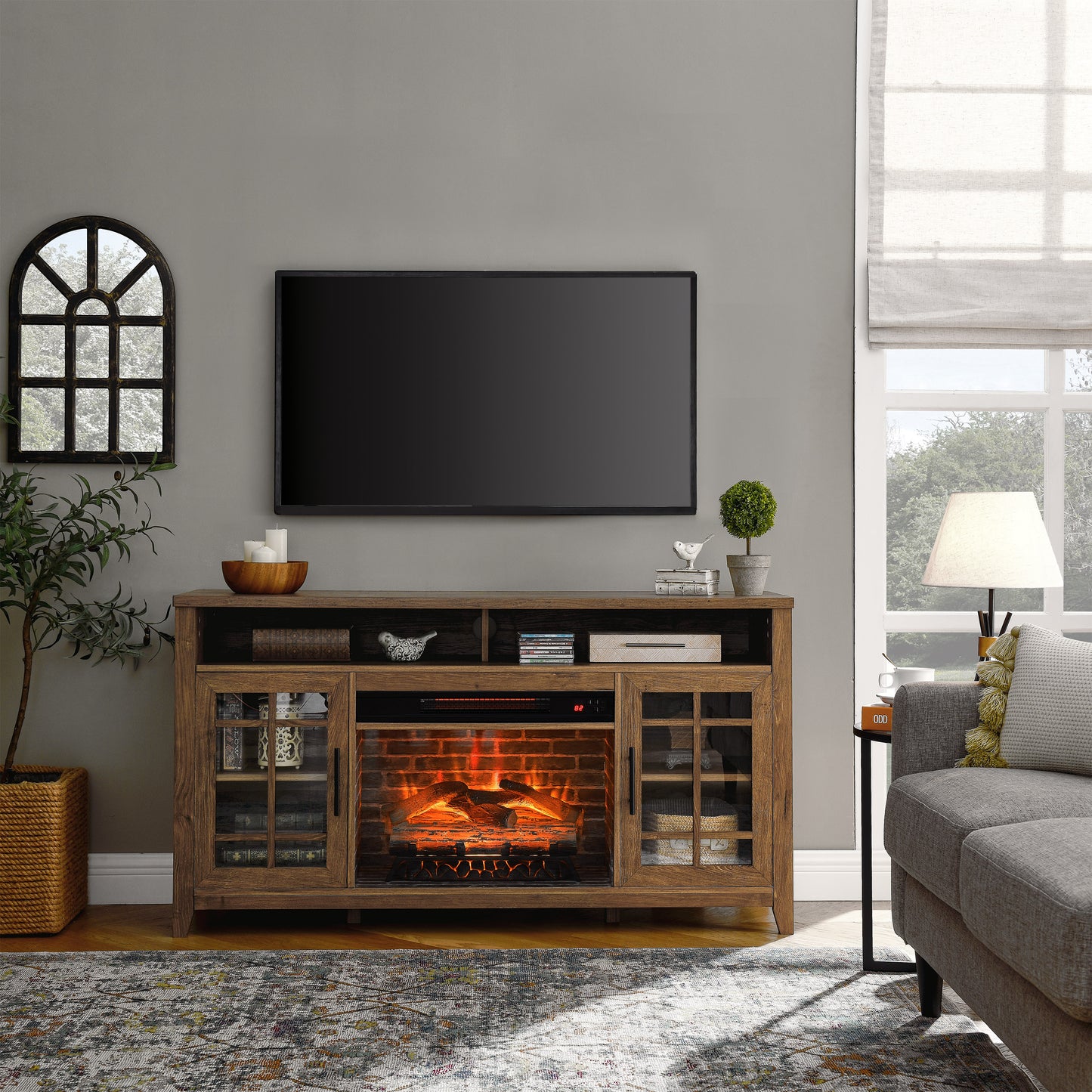 SYNGAR TV Stand with Fireplace for 55" TV, Modern Wooden Electric Fireplace TV Stand with Cabinet, Entertainment Center with 2 Cabinet Storage, TV Consoles for Living Room, Logs Color