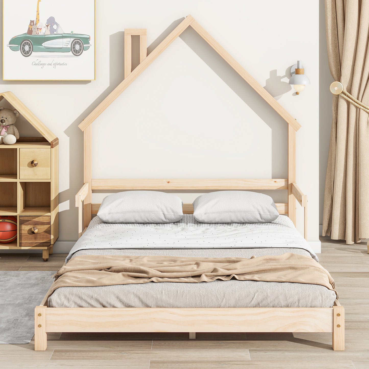 SYNGAR Twin Size Bed Frame with House-Shape Headboard, Wooden Bed Frame Twin with Guardrail for Kis and Adults, Modern Bed Frame Twin Size with 7 Wood Slat,No Box Spring Needed, Gray