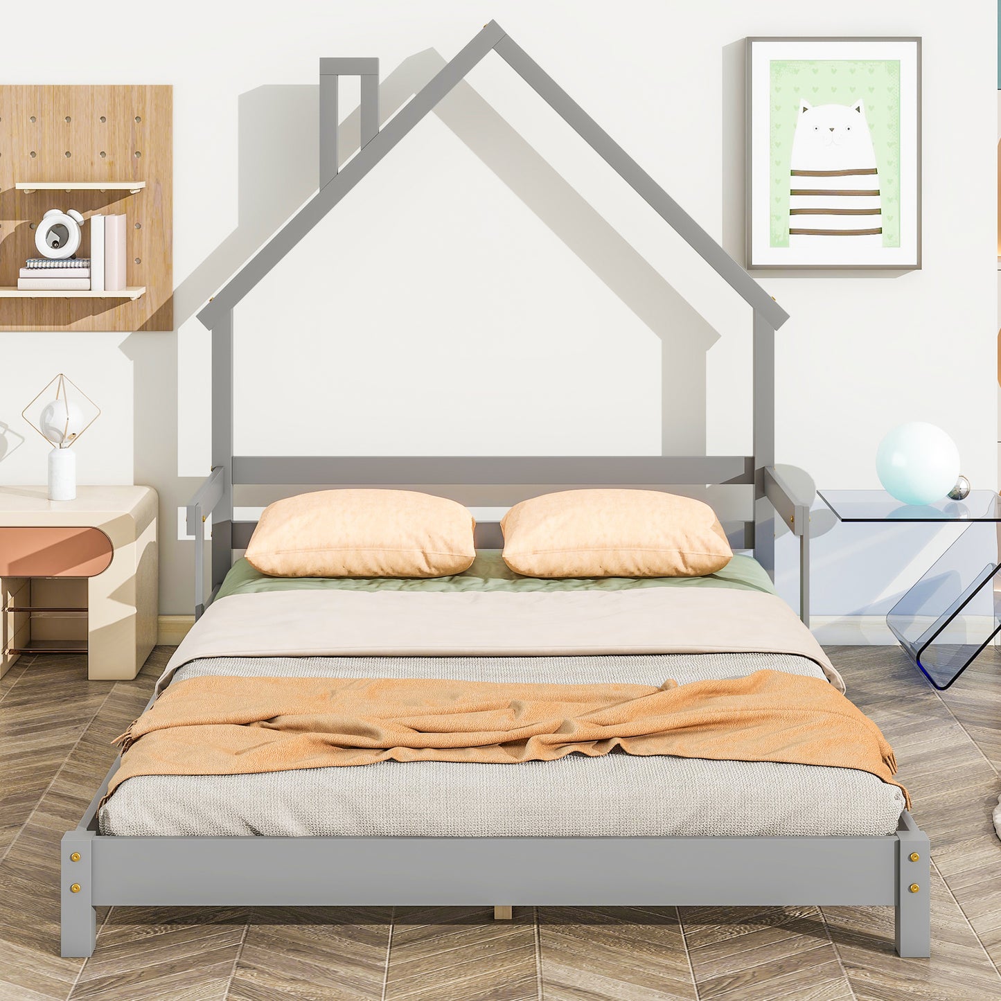 SYNGAR Twin Size Bed Frame with House-Shape Headboard, Wooden Bed Frame Twin with Guardrail for Kis and Adults, Modern Bed Frame Twin Size with 7 Wood Slat,No Box Spring Needed, Gray