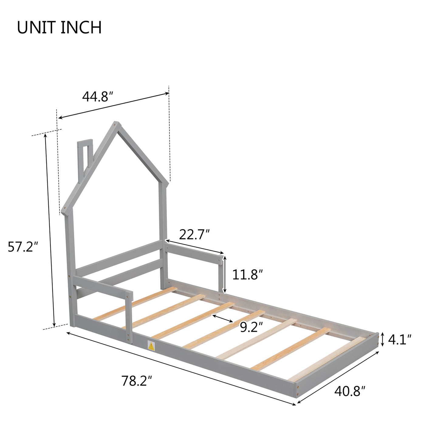 SYNGAR Twin Size Bed Frame with House-Shape Headboard, Wooden Bed Frame Twin with Guardrail for Kis and Adults, Modern Bed Frame Twin Size with 7 Wood Slat,No Box Spring Needed, Gray