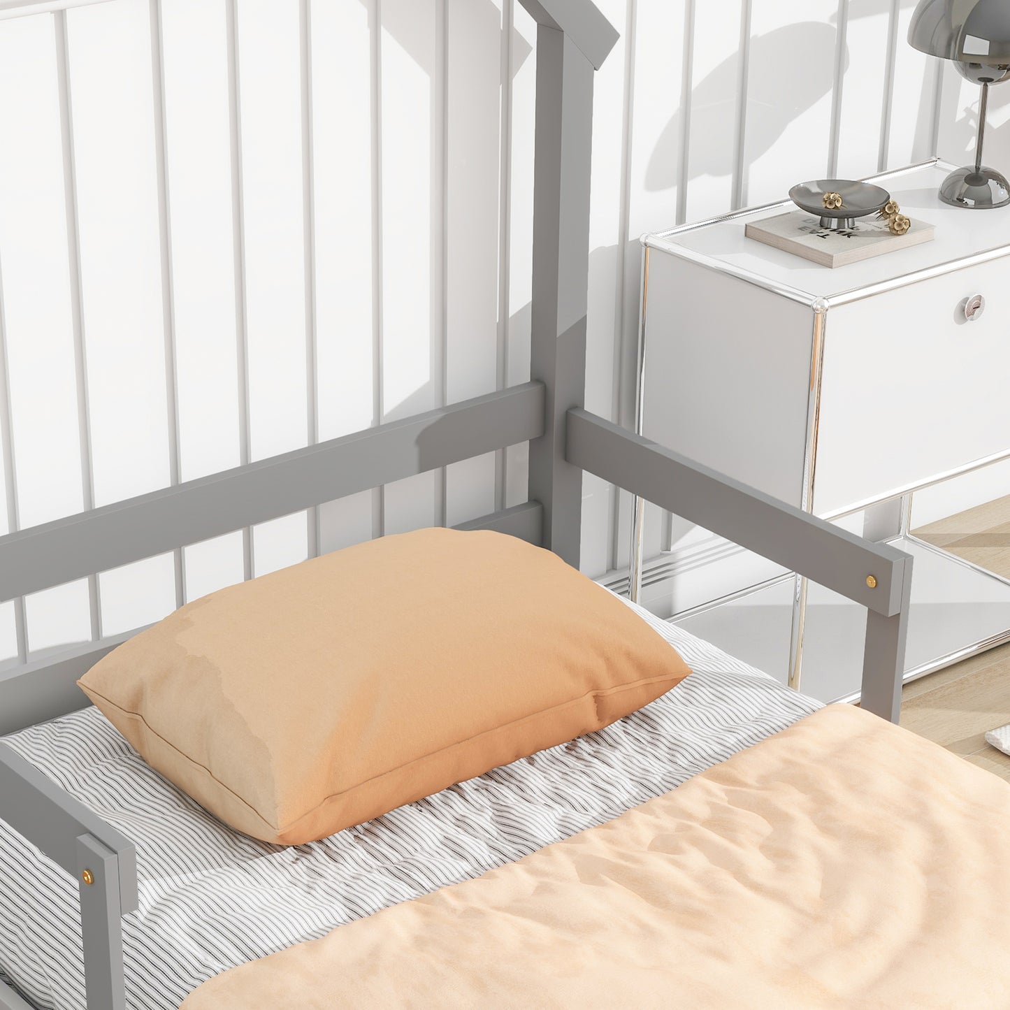 SYNGAR Twin Size Bed Frame with House-Shape Headboard, Wooden Bed Frame Twin with Guardrail for Kis and Adults, Modern Bed Frame Twin Size with 7 Wood Slat,No Box Spring Needed, Gray
