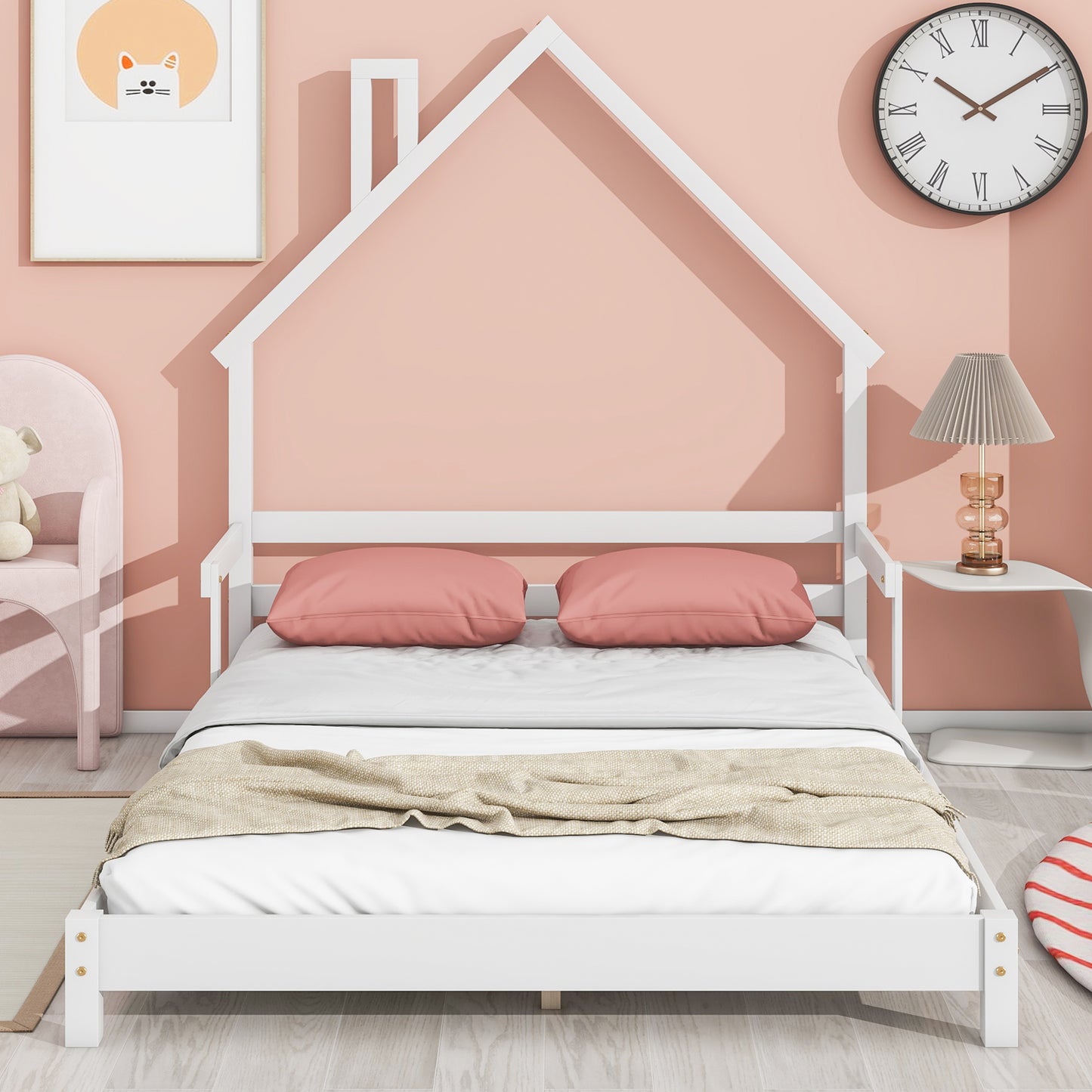 SYNGAR Twin Size Bed Frame with House-Shape Headboard, Wooden Bed Frame Twin with Guardrail for Kis and Adults, Modern Bed Frame Twin Size with 7 Wood Slat,No Box Spring Needed, Gray