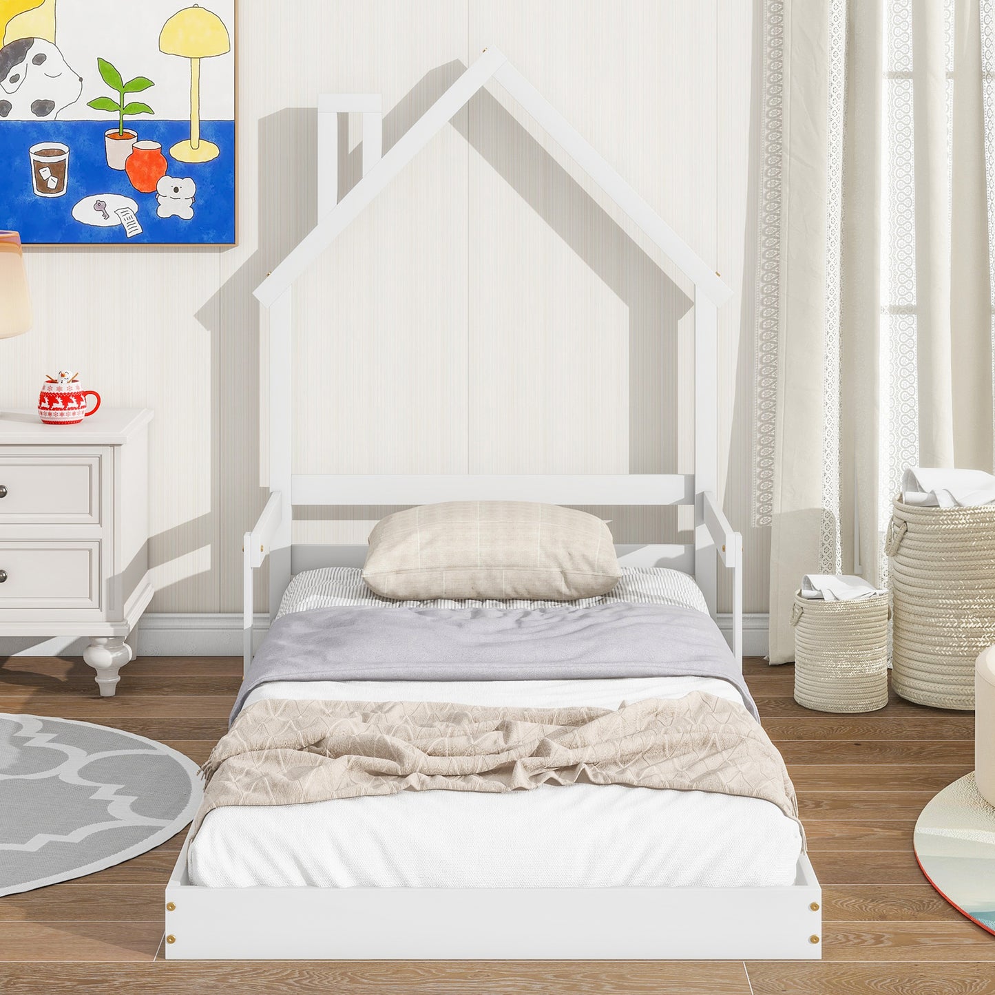 SYNGAR Twin Size Bed Frame with House-Shape Headboard, Wooden Bed Frame Twin with Guardrail for Kis and Adults, Modern Bed Frame Twin Size with 7 Wood Slat,No Box Spring Needed, Gray