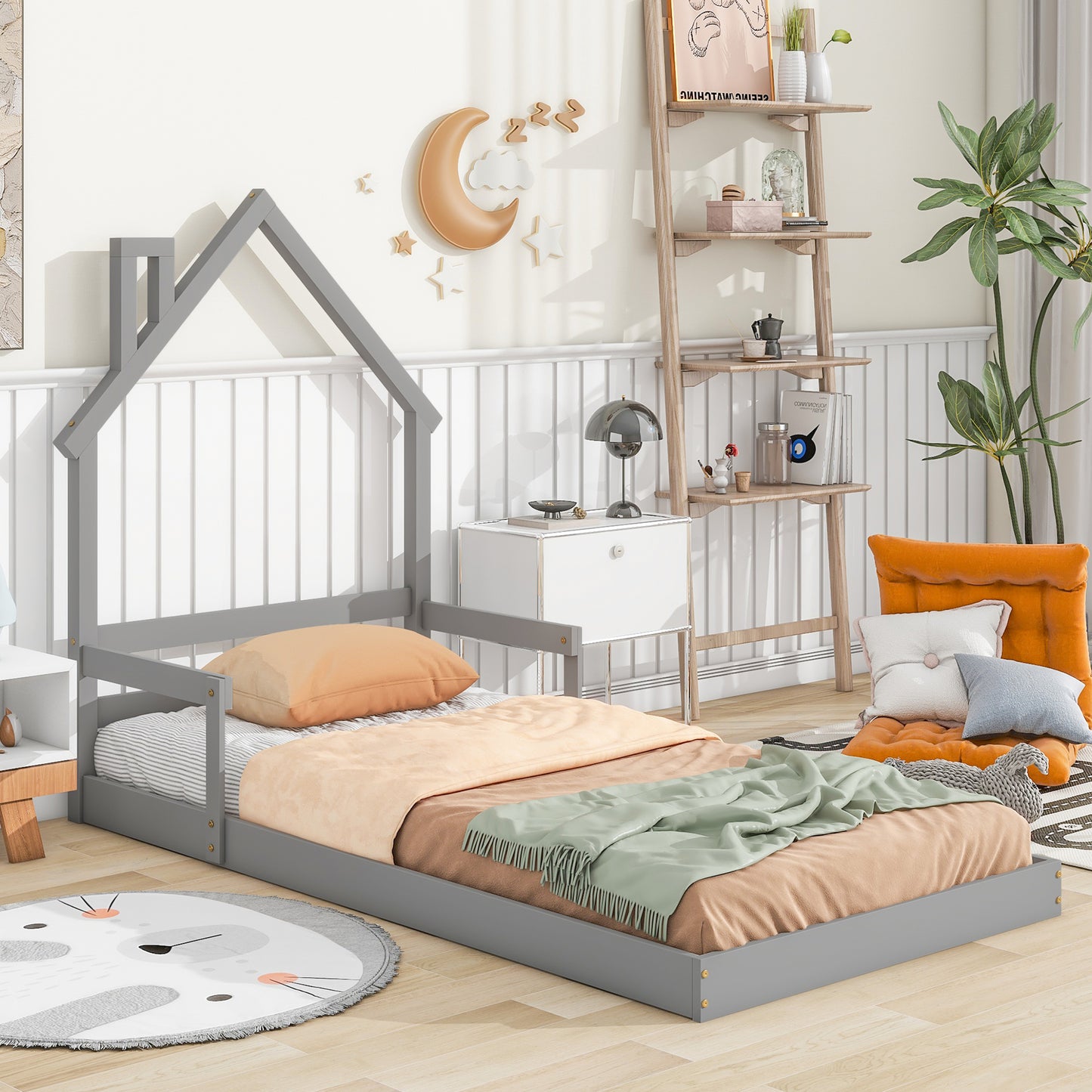 SYNGAR Twin Size Bed Frame with House-Shape Headboard, Wooden Bed Frame Twin with Guardrail for Kis and Adults, Modern Bed Frame Twin Size with 7 Wood Slat,No Box Spring Needed, Gray